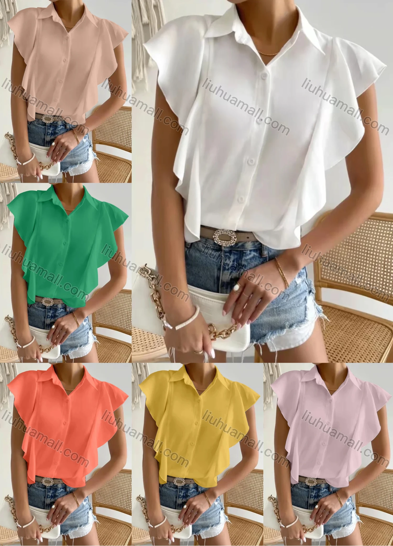 Wholesale Women's Butterfly Sleeve Ruffle Trim Button Down Plain Casual Shirt AY262# - Liuhuamall