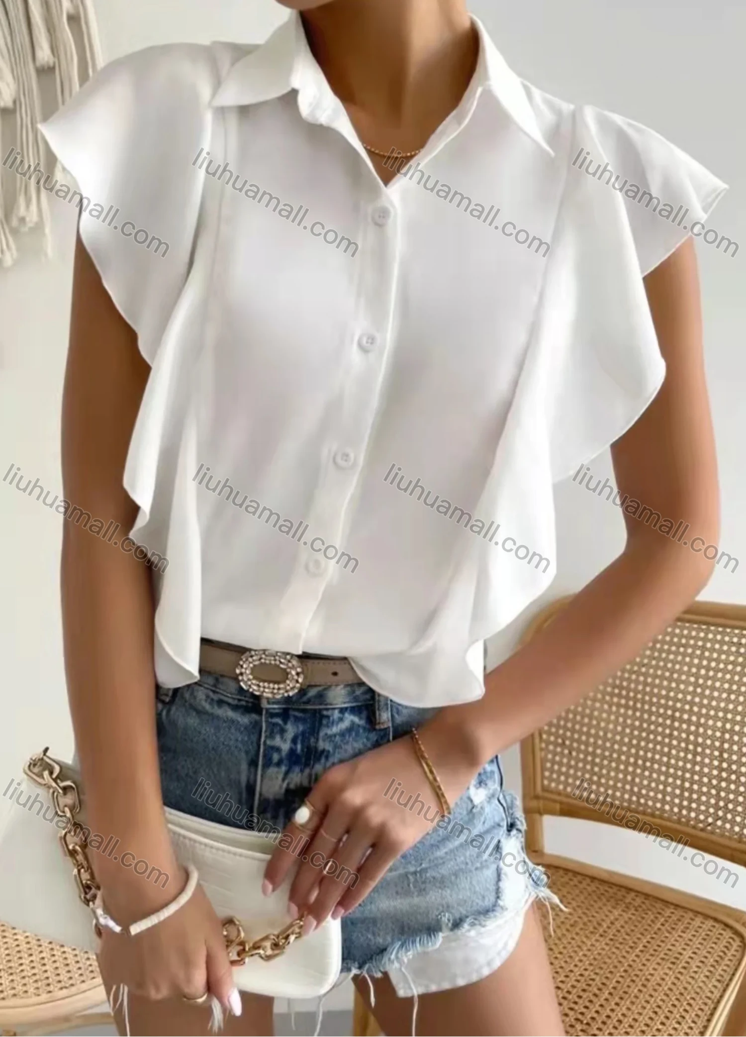 Wholesale Women's Butterfly Sleeve Ruffle Trim Button Down Plain Casual Shirt AY262# - Liuhuamall