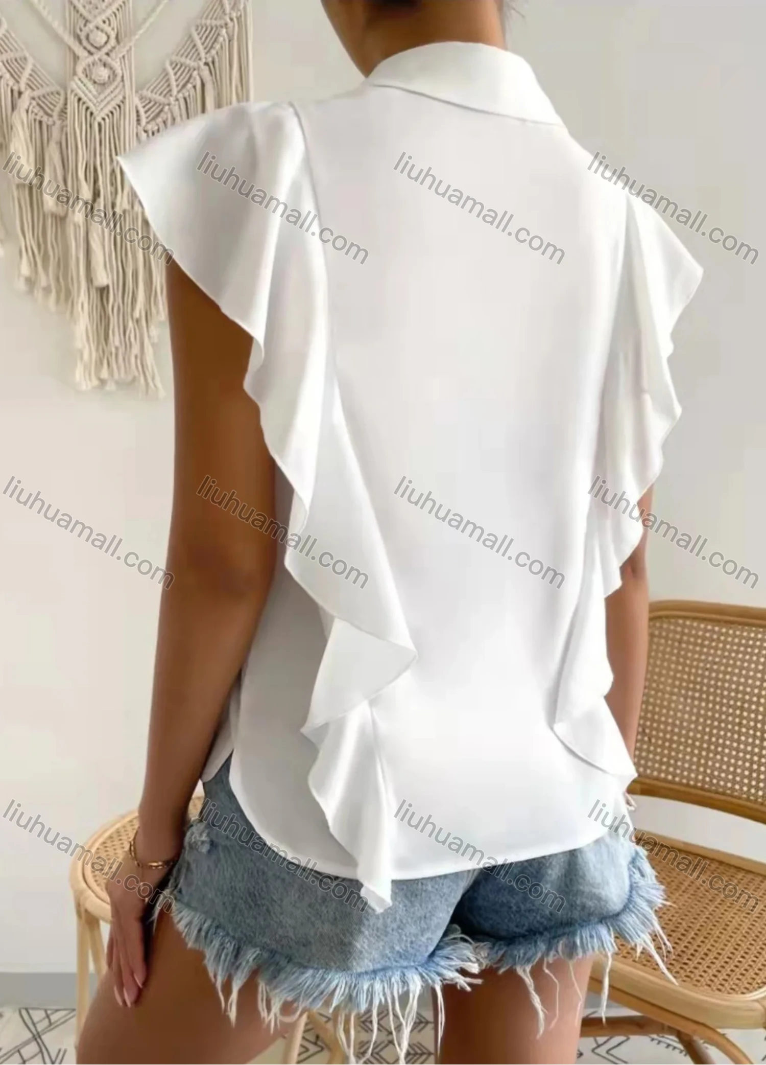 Wholesale Women's Butterfly Sleeve Ruffle Trim Button Down Plain Casual Shirt AY262# - Liuhuamall