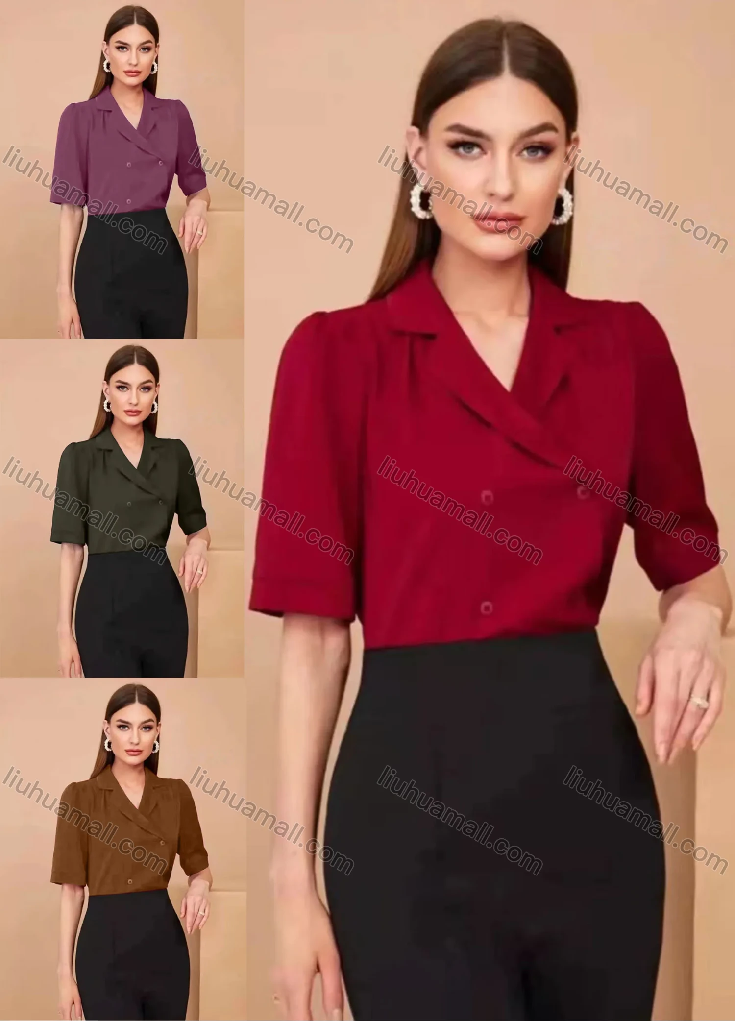 Wholesale Women's Casual Lapel Half Sleeve Double Breasted Plain Blouse AY263# - Liuhuamall