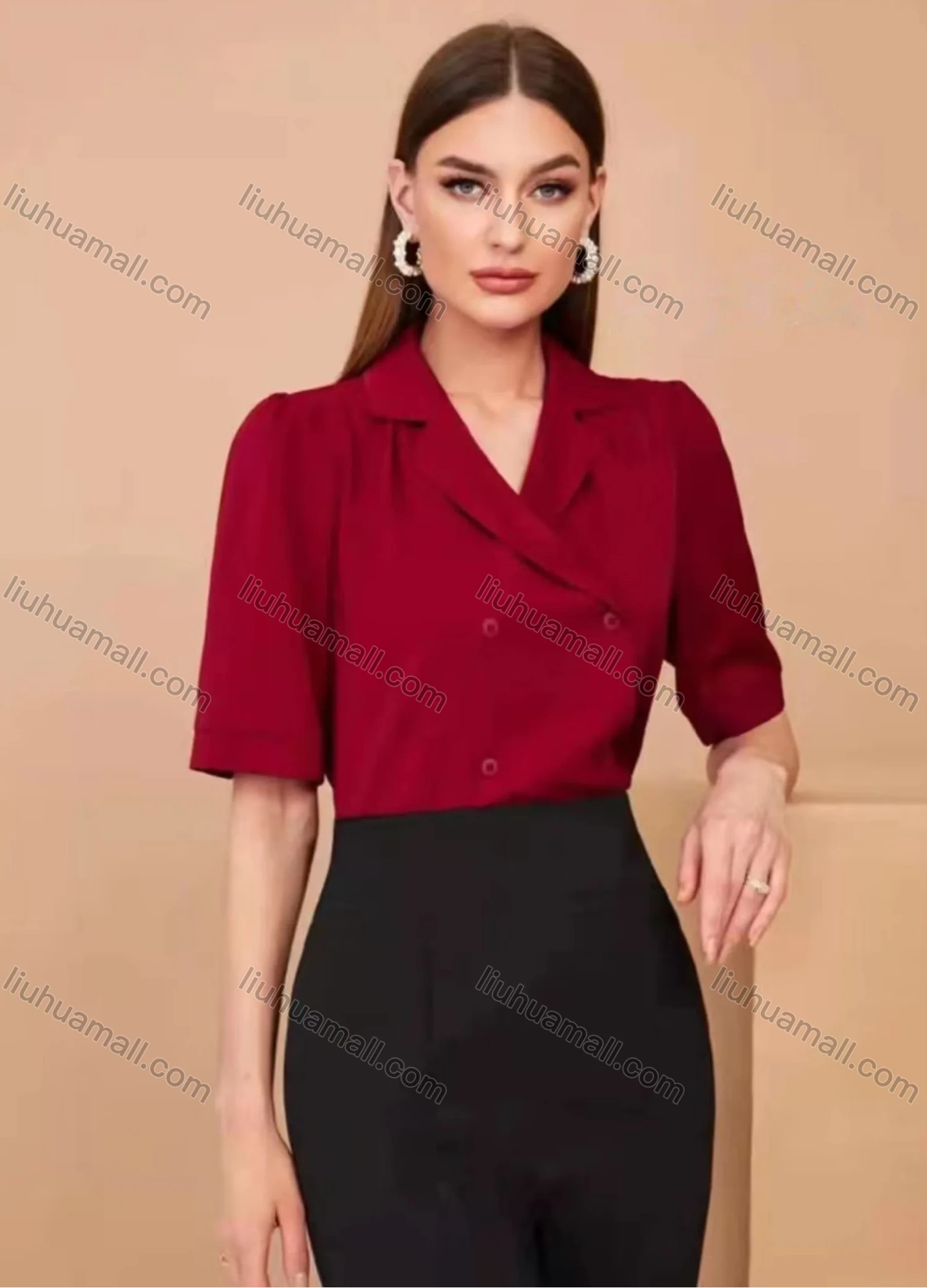 Wholesale Women's Casual Lapel Half Sleeve Double Breasted Plain Blouse AY263# - Liuhuamall