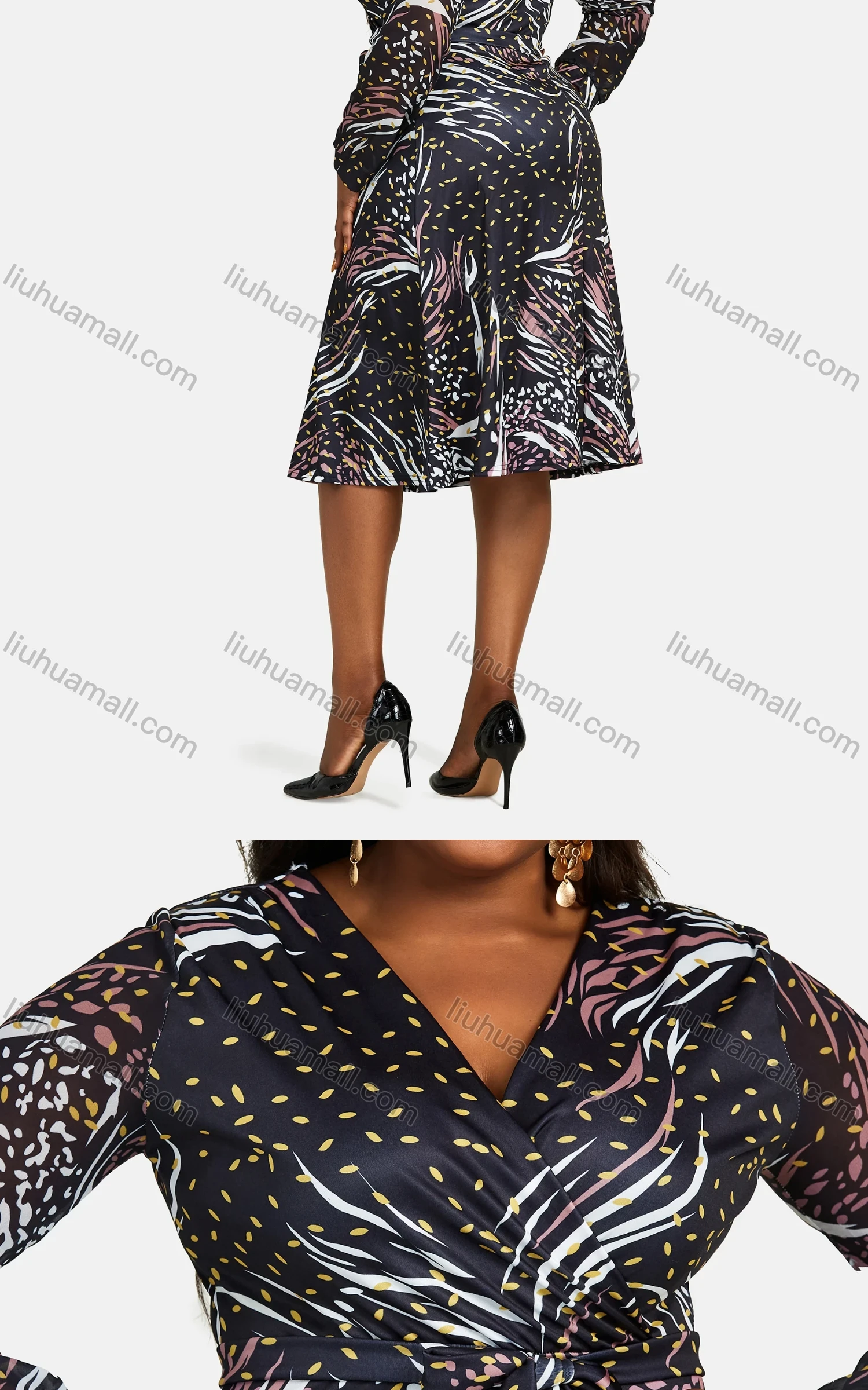 Wholesale Women's Casual Wrap V Neck Long Sleeve Lace Up Wrap Allover Print Dress - Liuhuamall