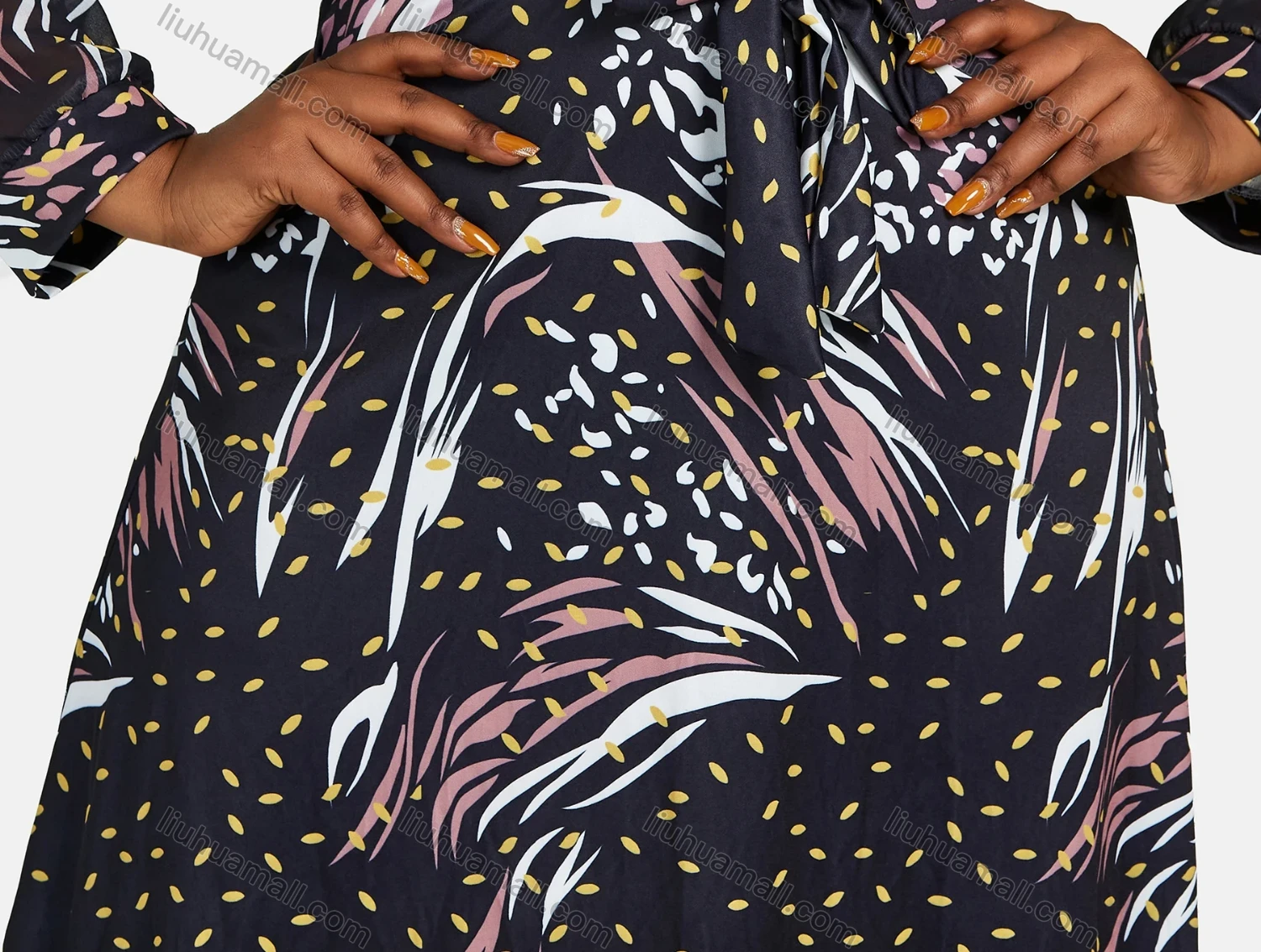 Wholesale Women's Casual Wrap V Neck Long Sleeve Lace Up Wrap Allover Print Dress - Liuhuamall