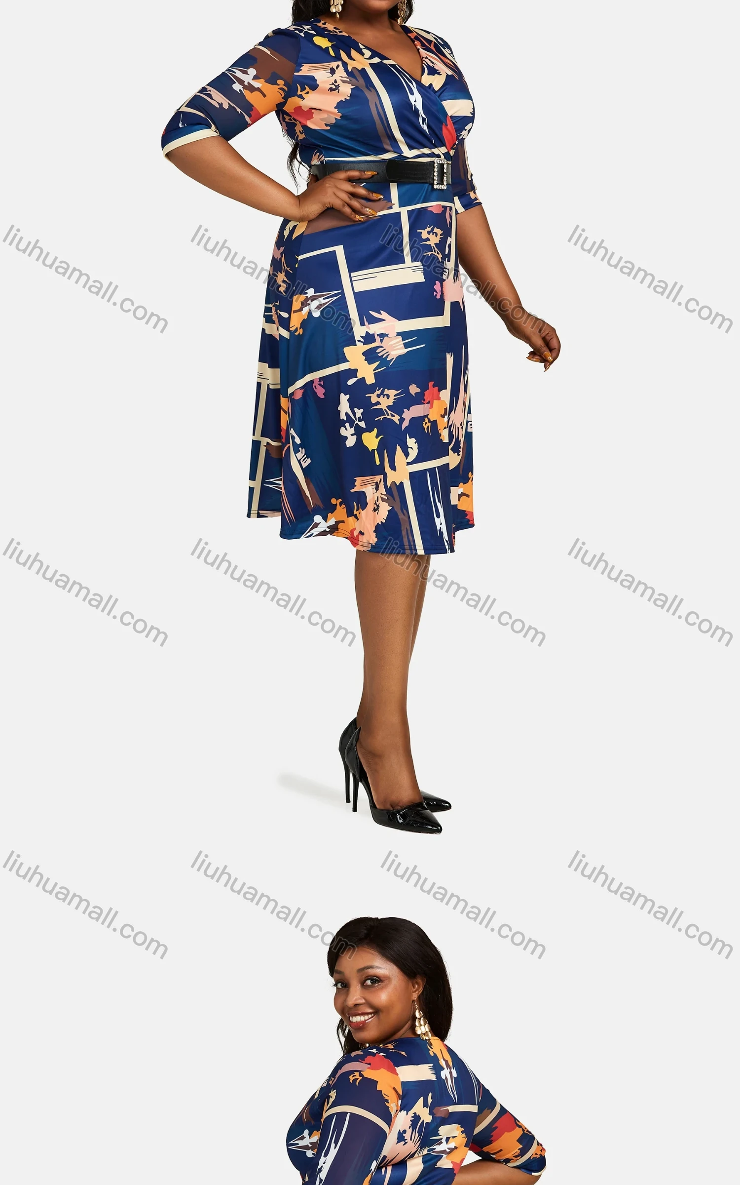 Wholesale Women's Casual Wrap V Neck Half Sleeve Leather Belt Allover Print Dress - Liuhuamall