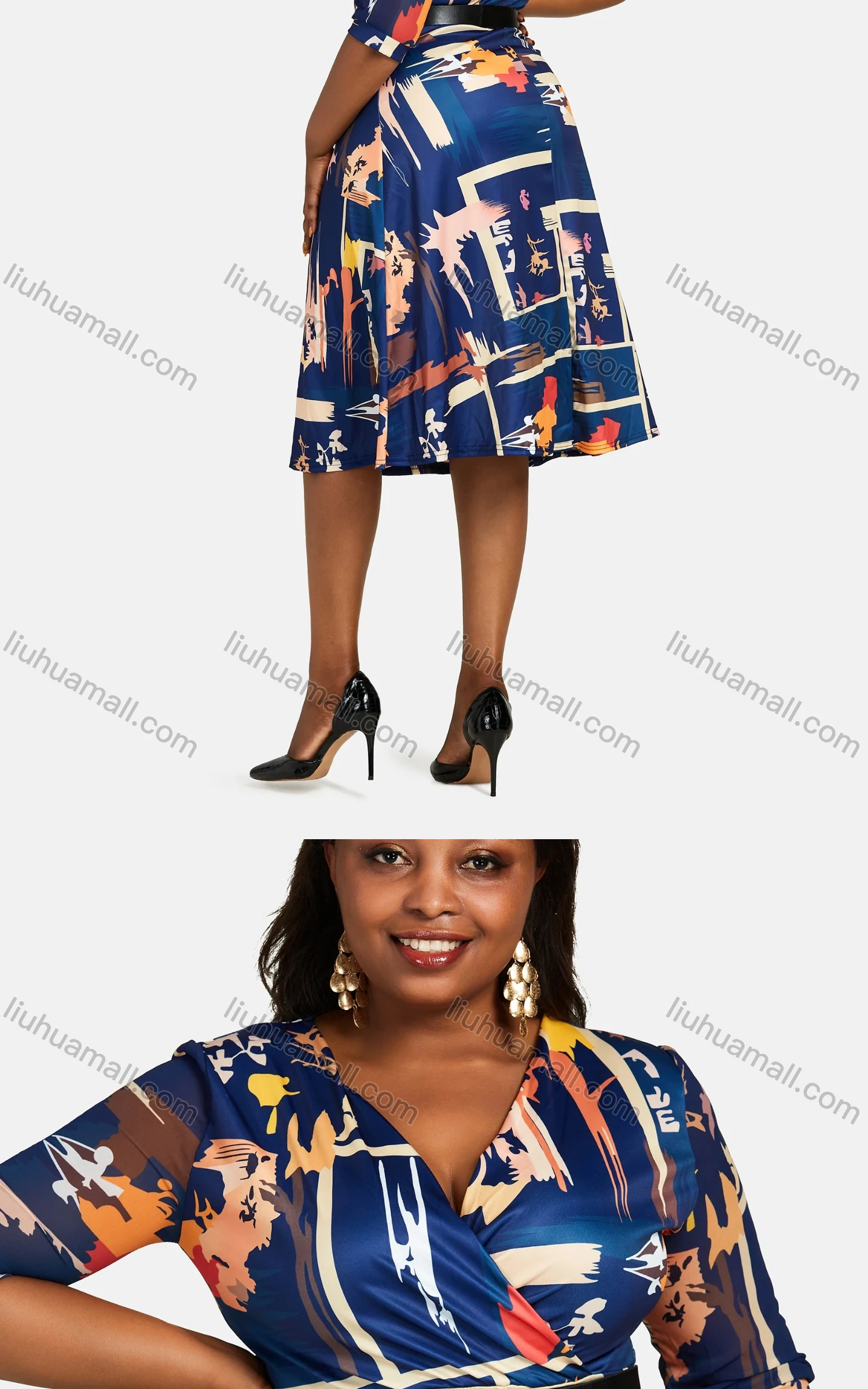 Wholesale Women's Casual Wrap V Neck Half Sleeve Leather Belt Allover Print Dress - Liuhuamall