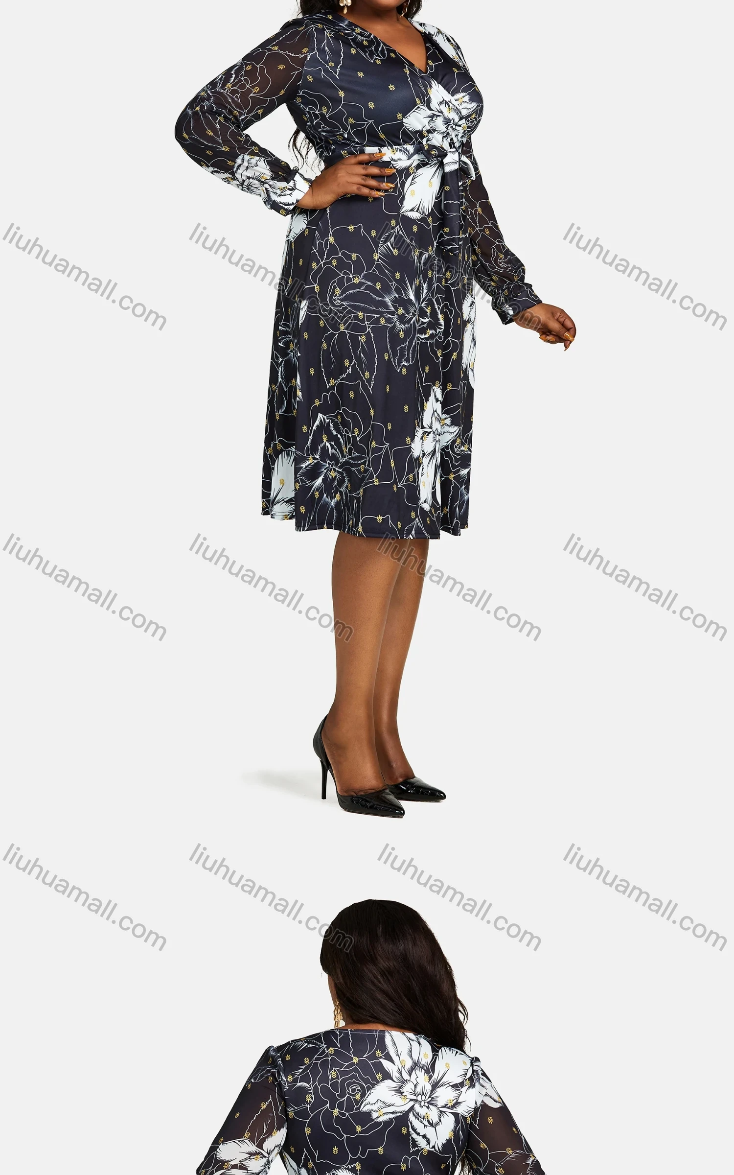 Wholesale Women's Casual Wrap V Neck Long Sleeve Lace Up Allover Print Knee Length Dress - Liuhuamall