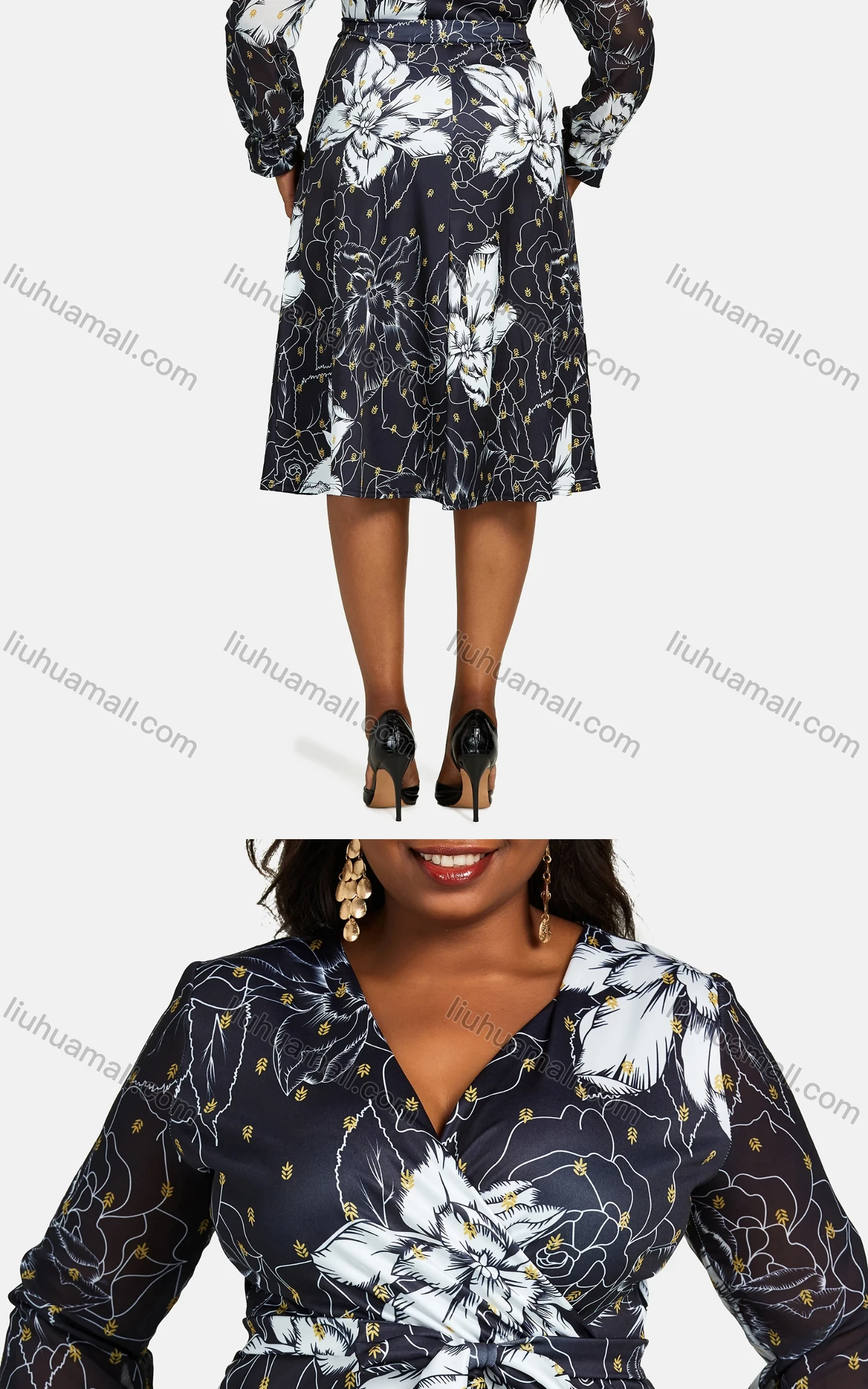 Wholesale Women's Casual Wrap V Neck Long Sleeve Lace Up Allover Print Knee Length Dress - Liuhuamall