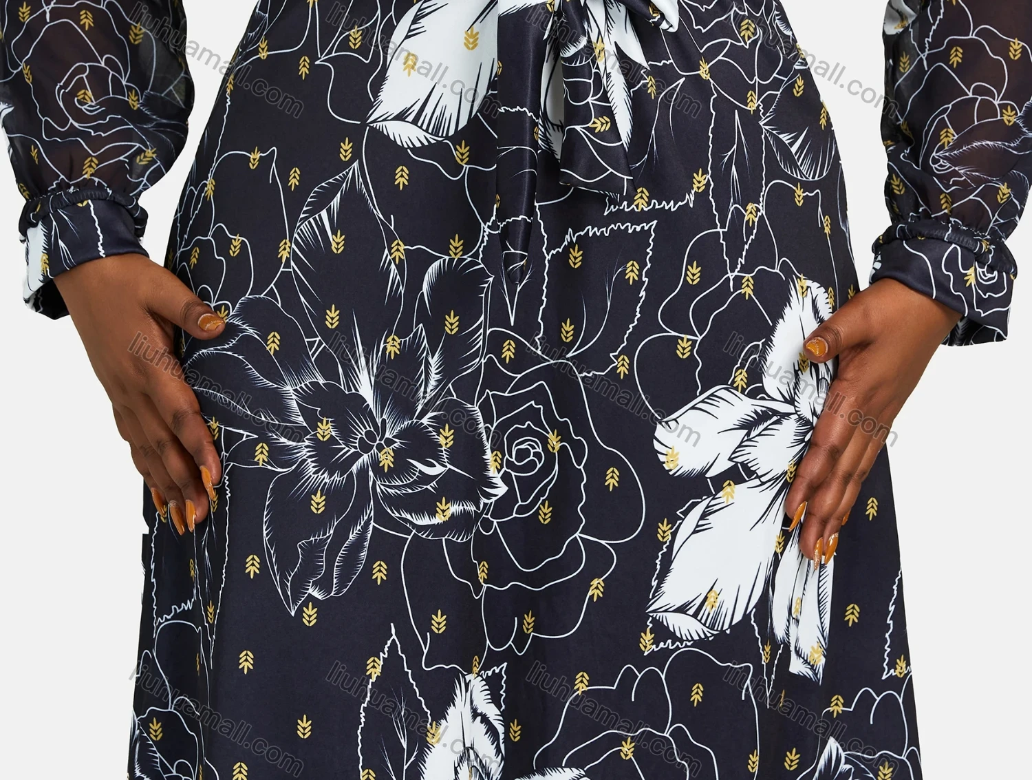 Wholesale Women's Casual Wrap V Neck Long Sleeve Lace Up Allover Print Knee Length Dress - Liuhuamall