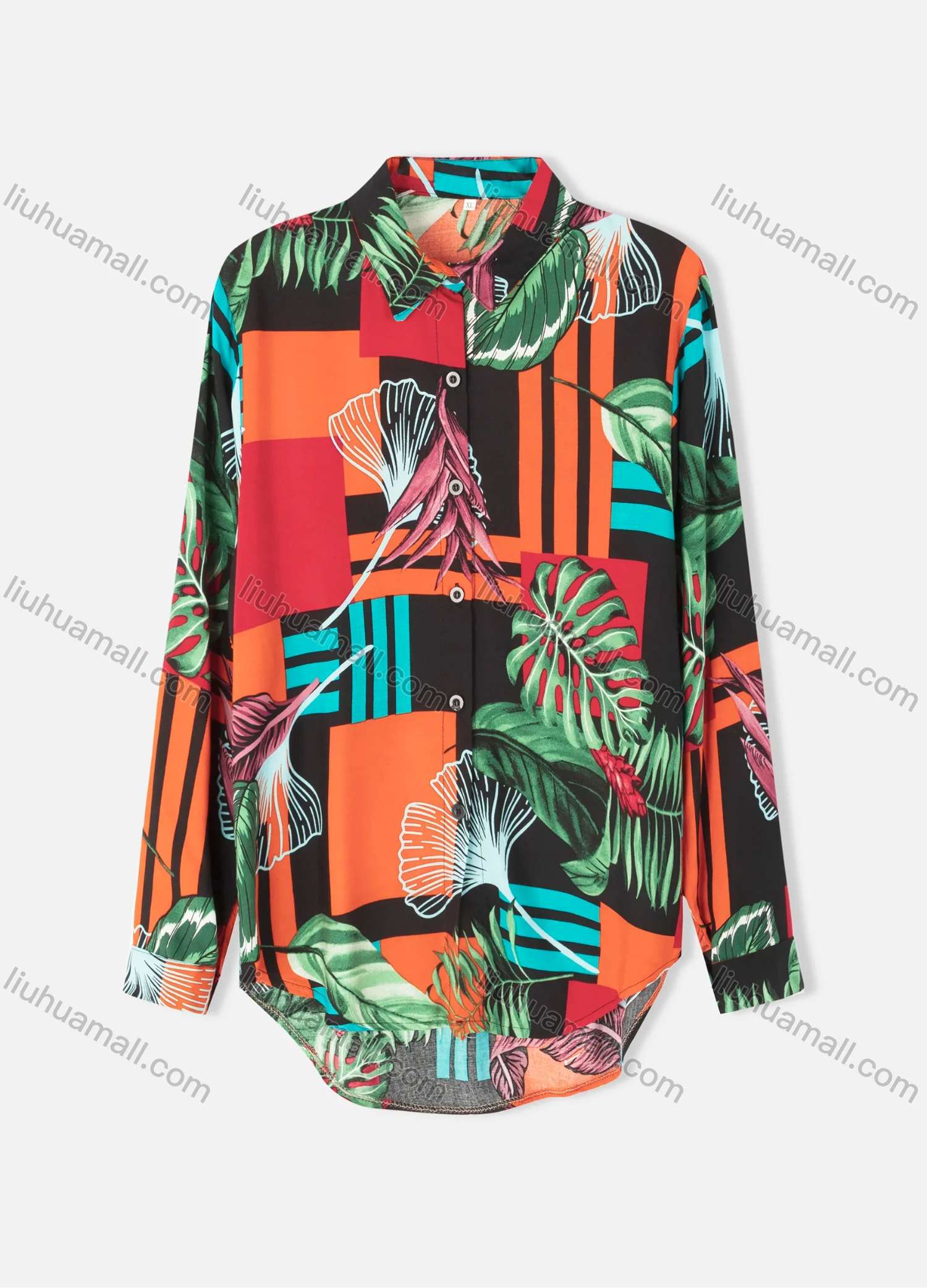 Wholesale Women's Plus Size Fashion Long Sleeve Button Down Geo & Plaid Print Shirt - Liuhuamall