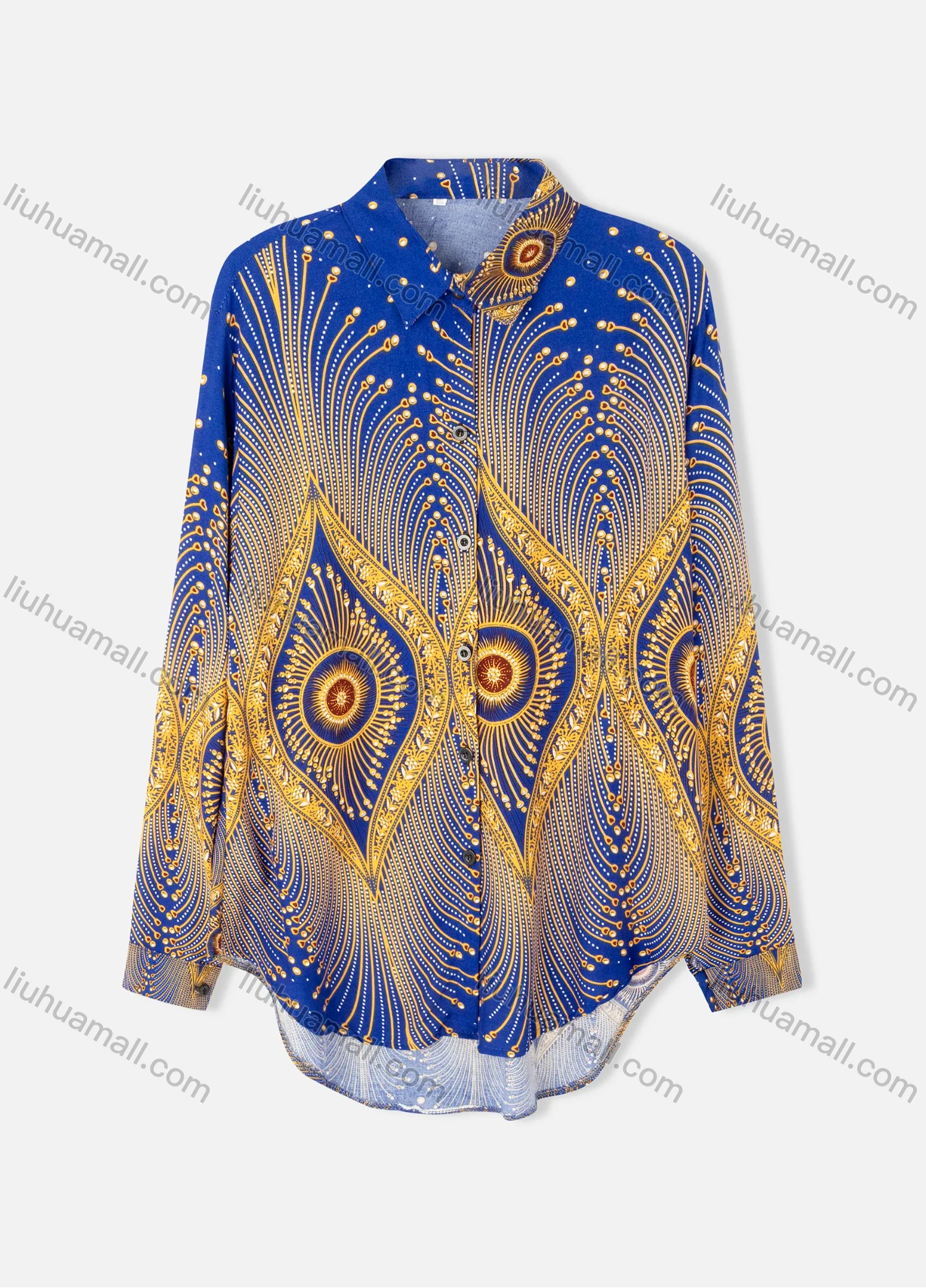 Wholesale Women's Plus Size Fashion Long Sleeve Button Down Peacock Feather Shirt - Liuhuamall