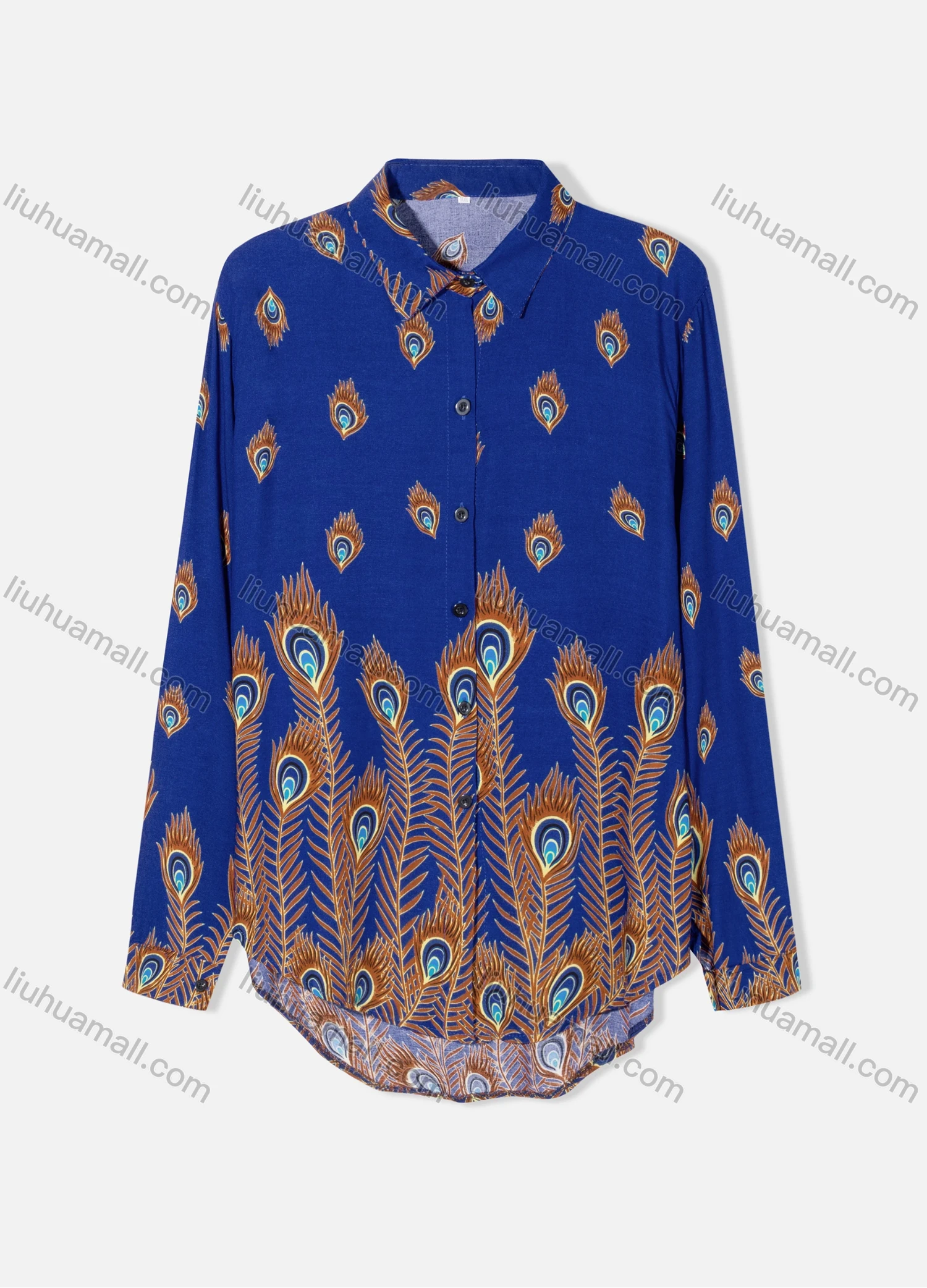 Wholesale Women's Plus Size Fashion Long Sleeve Button Down Peacock Feather Shirt - Liuhuamall