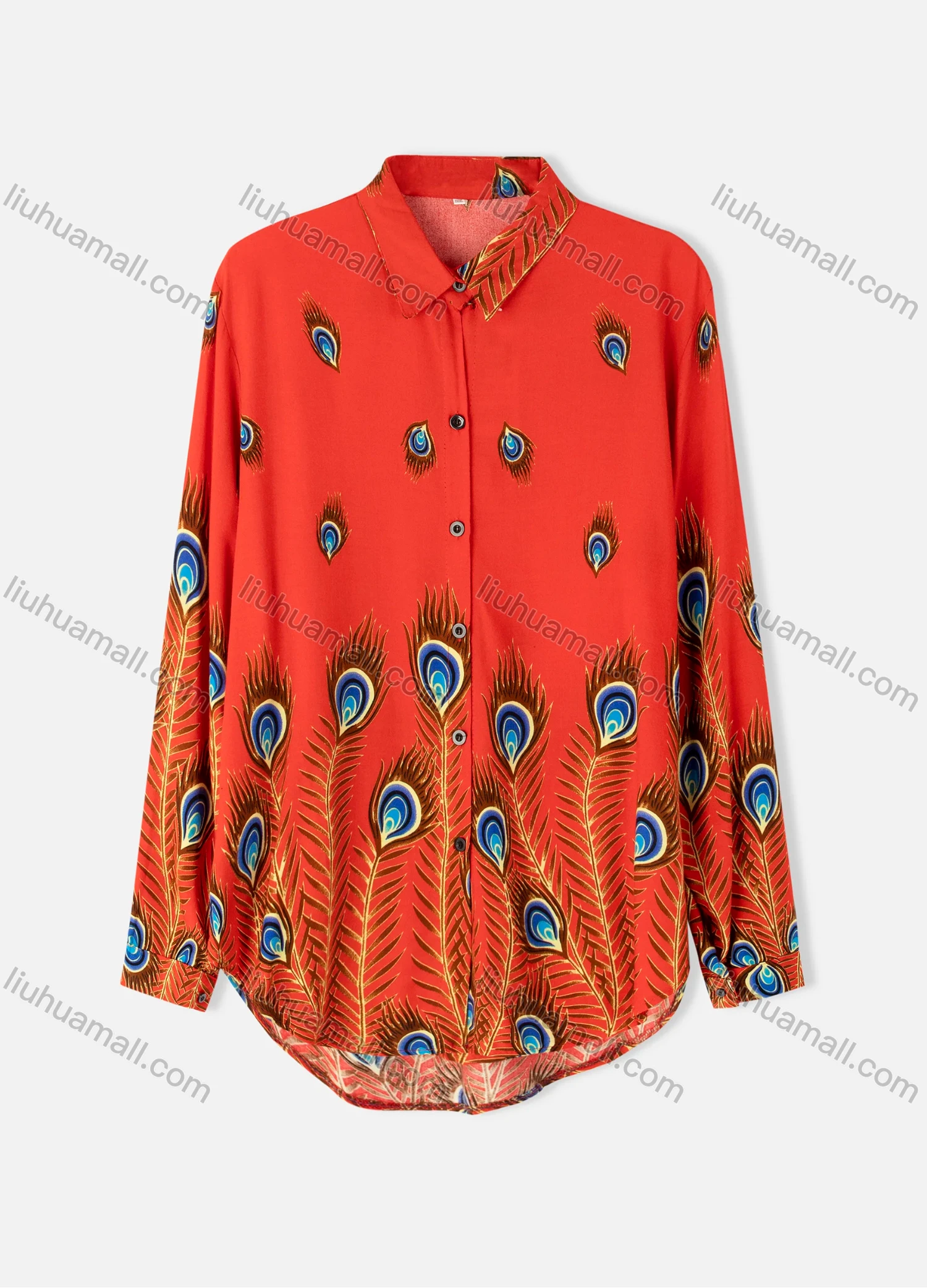 Wholesale Women's Plus Size Fashion Long Sleeve Button Down Peacock Feather Shirt - Liuhuamall