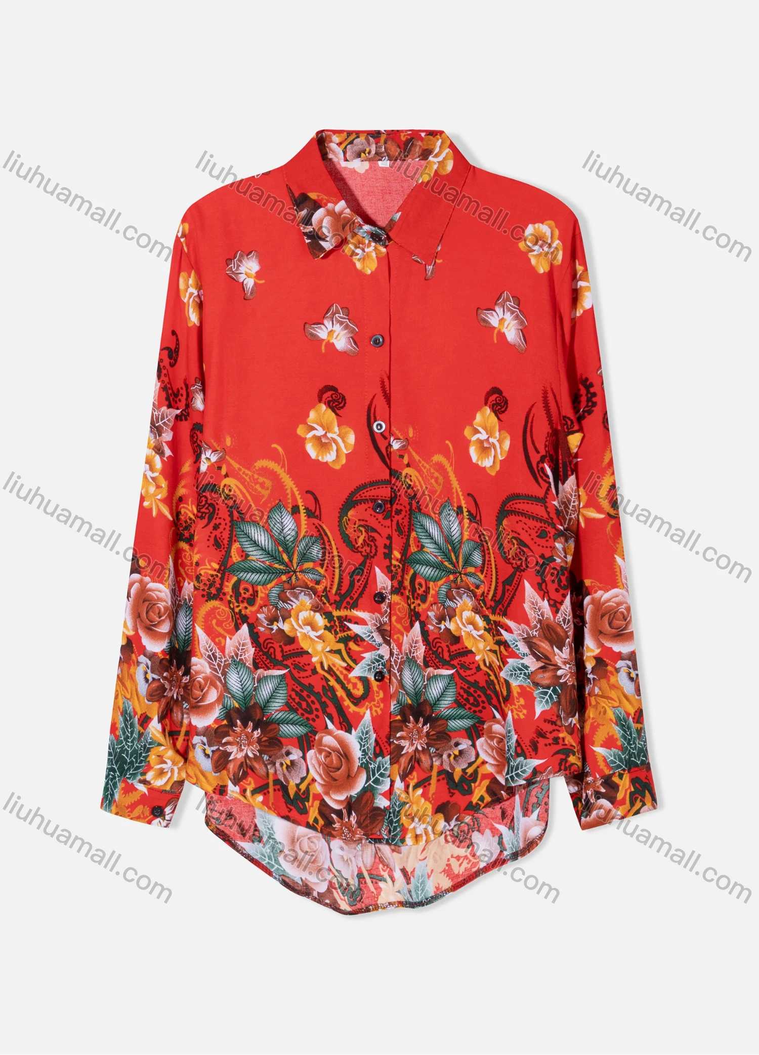 Wholesale Women's Plus Size Fashion Long Sleeve Button Down Floral & Paisley Print Shirt - Liuhuamall