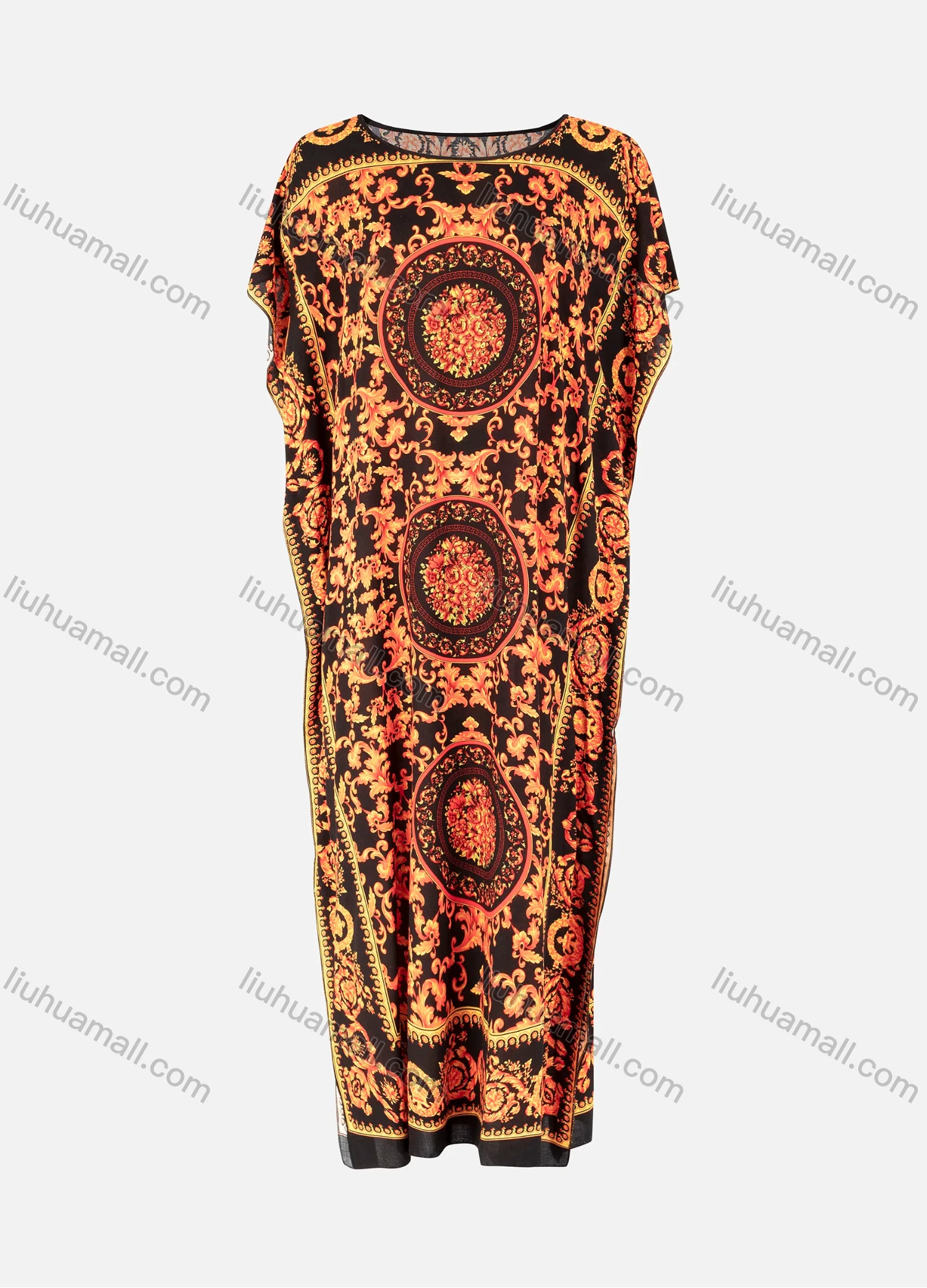 Wholesale Women's Plus Size Cap Sleeve Kaftan Crew Neck Pullover Baroque Print Africa BuBu Dress - Liuhuamall