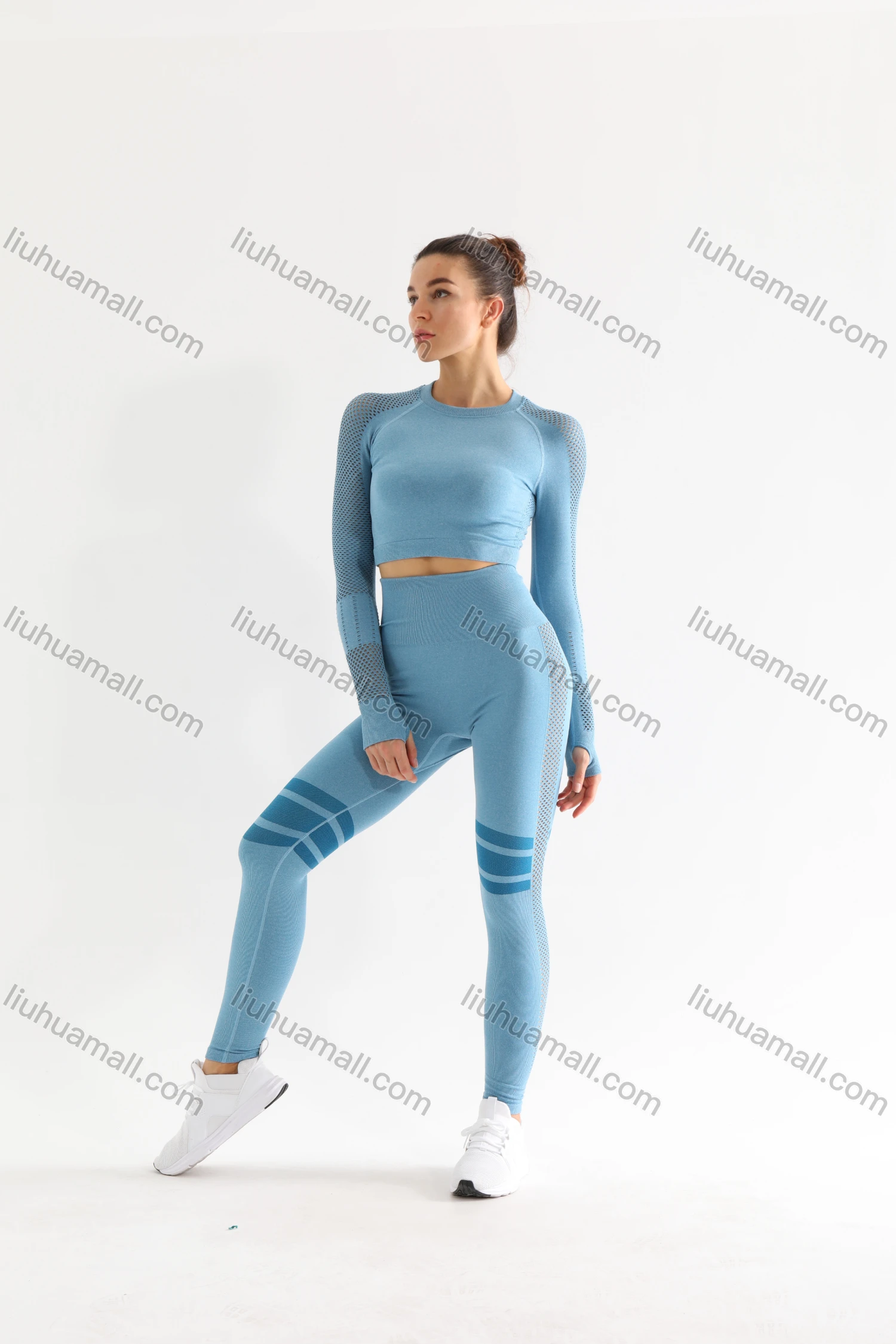 Wholesale Women's 2 Piece Workout Outfits Sports Long Sleeve Seamless Leggings Yoga Gym Activewear Set AB26# - Liuhuamall