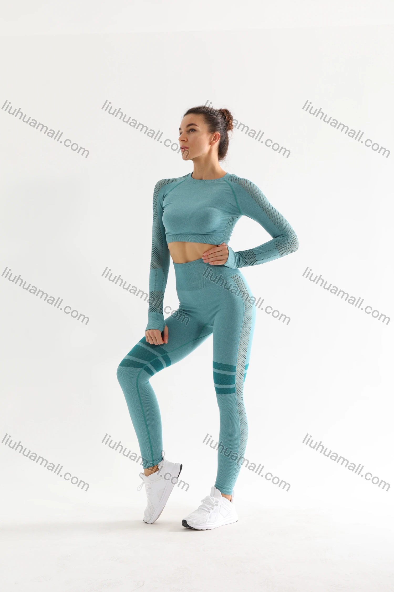 Wholesale Women's 2 Piece Workout Outfits Sports Long Sleeve Seamless Leggings Yoga Gym Activewear Set AB26# - Liuhuamall