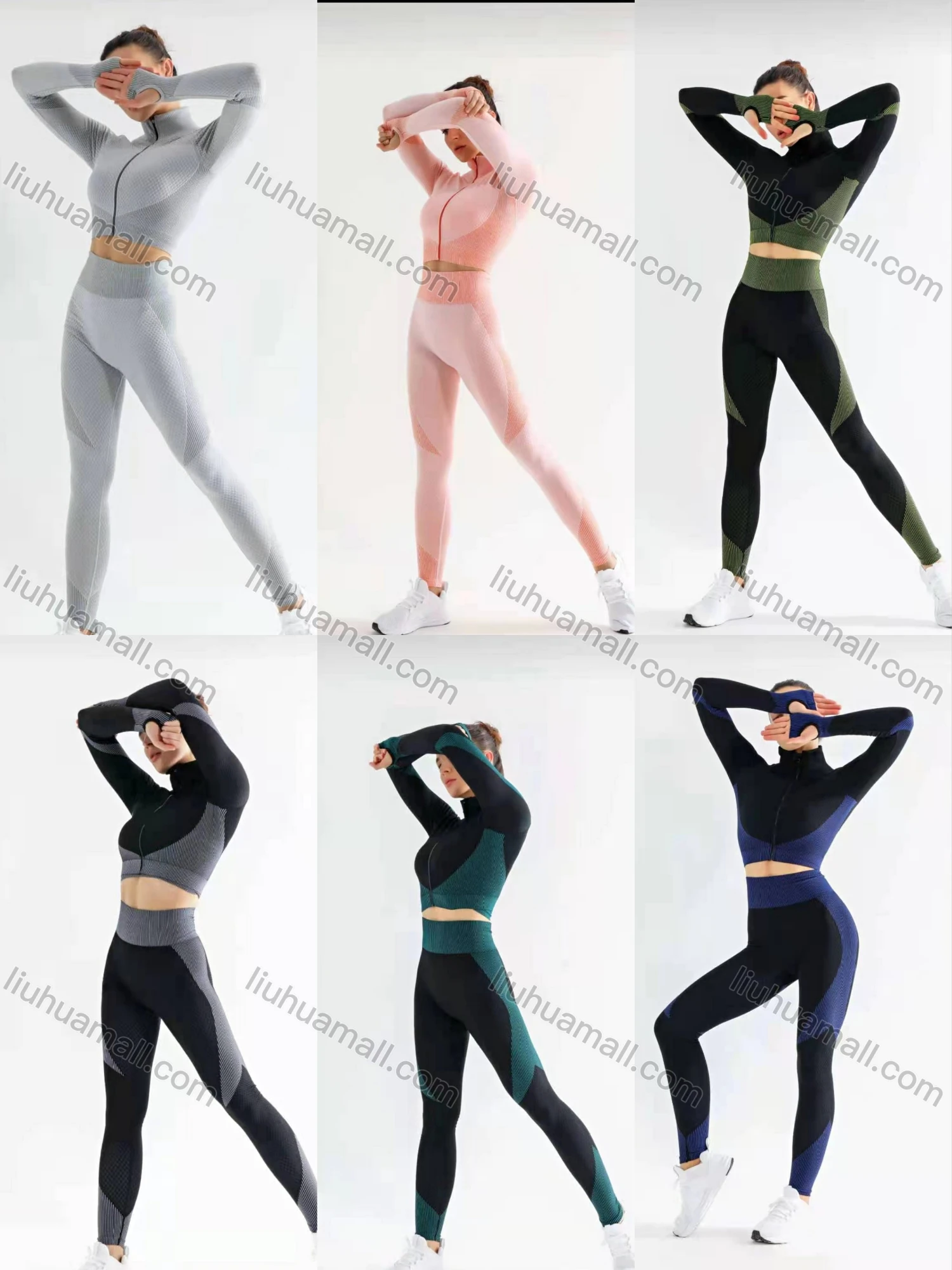 Wholesale Women's 2 Piece Colorblock Workout Outfits Sports Long Sleeve Top Seamless Leggings Yoga Gym Activewear Set AB31# - Liuhuamall