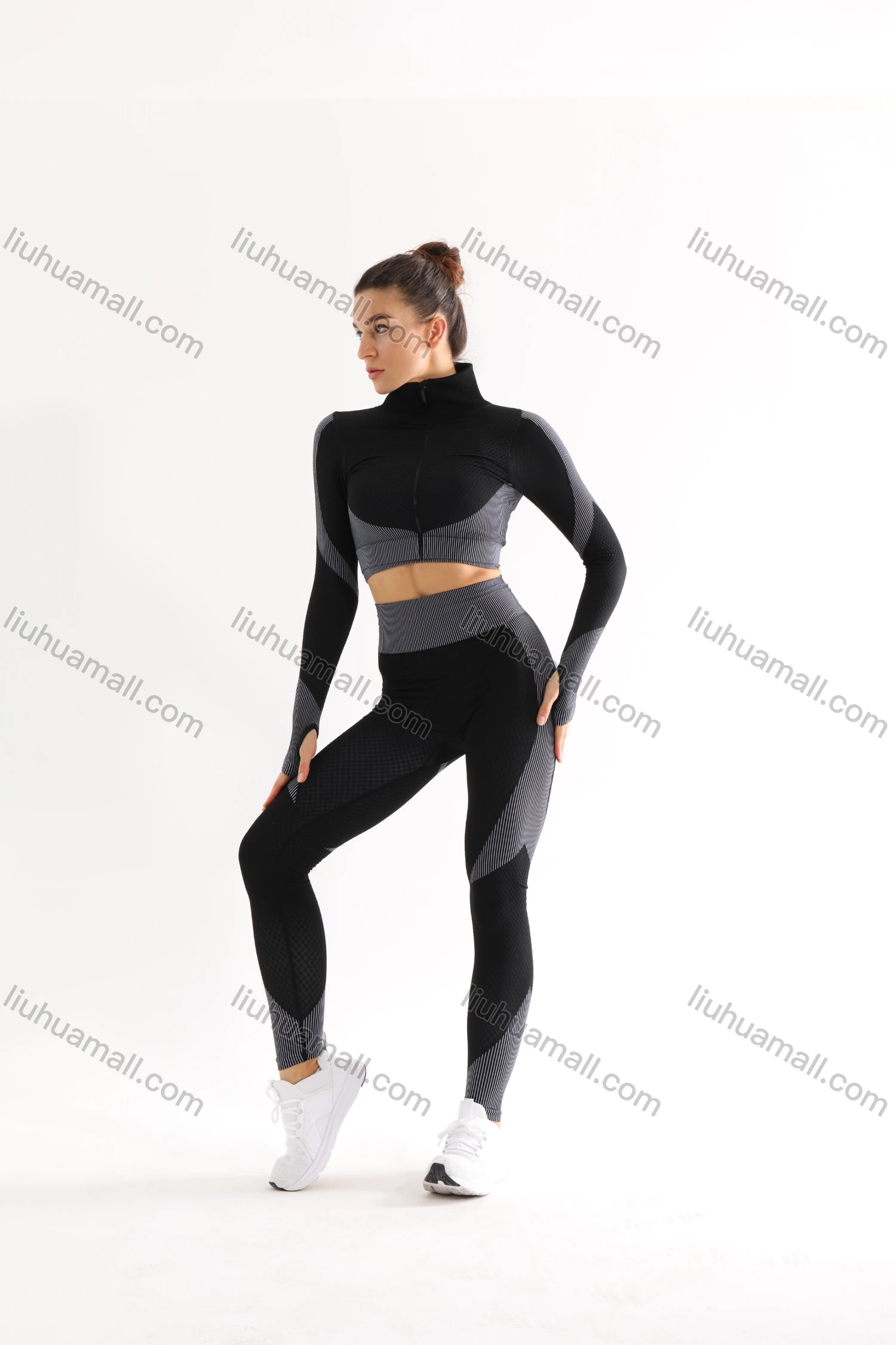 Wholesale Women's 2 Piece Colorblock Workout Outfits Sports Long Sleeve Top Seamless Leggings Yoga Gym Activewear Set AB31# - Liuhuamall