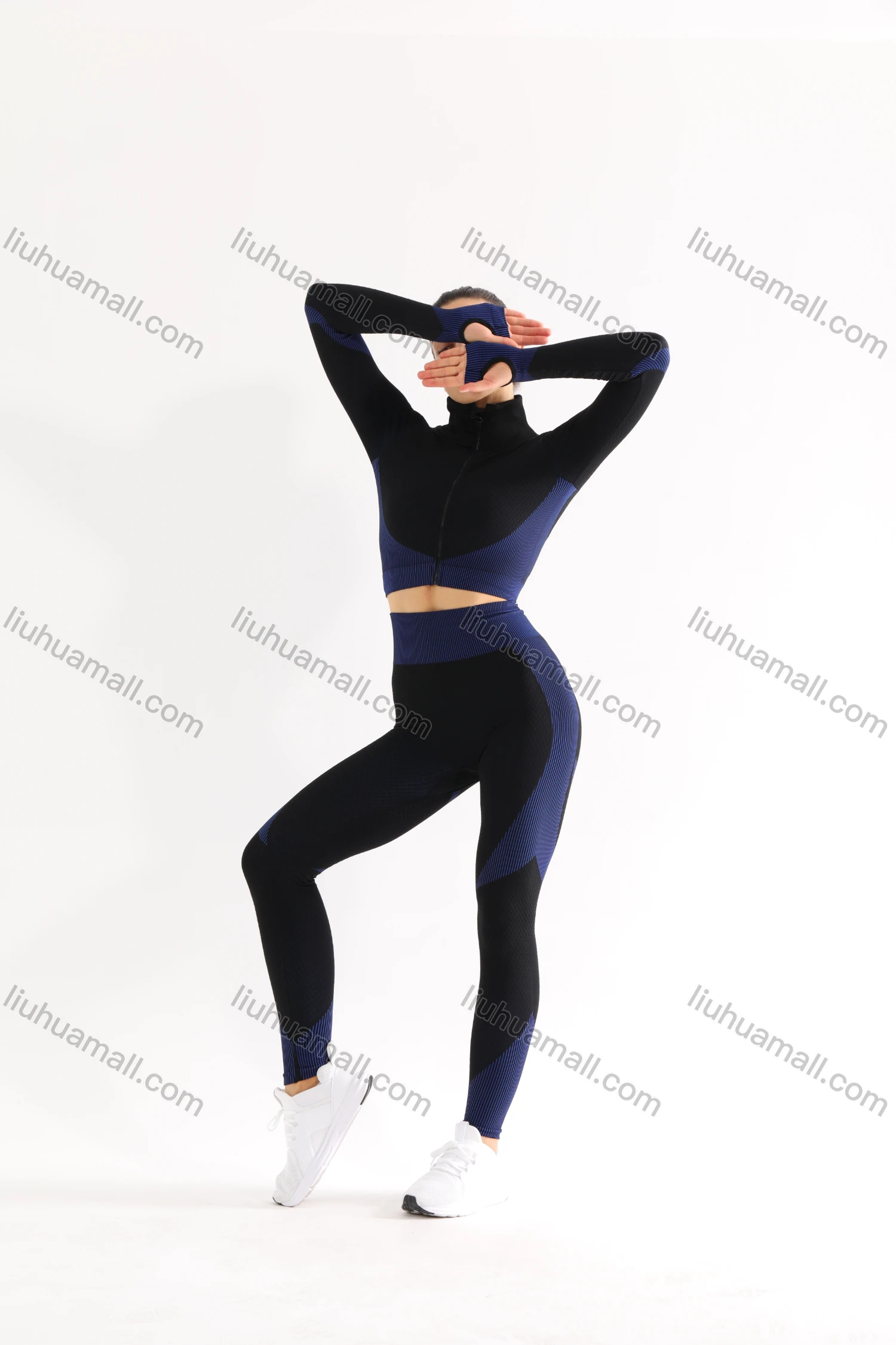 Wholesale Women's 2 Piece Colorblock Workout Outfits Sports Long Sleeve Top Seamless Leggings Yoga Gym Activewear Set AB31# - Liuhuamall