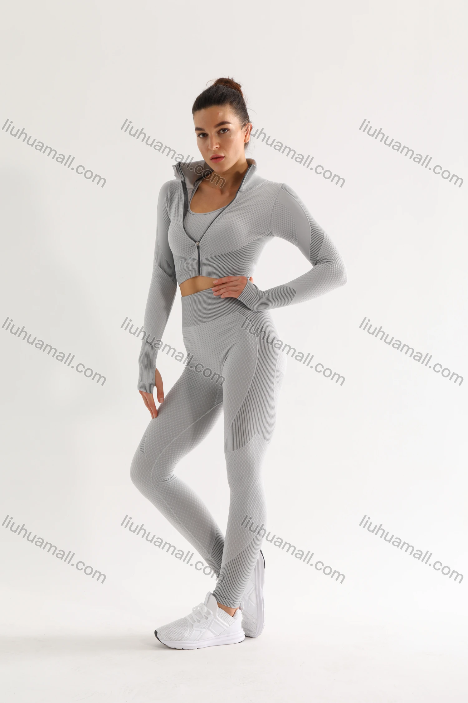 Wholesale Women's 2 Piece Colorblock Workout Outfits Sports Long Sleeve Top Seamless Leggings Yoga Gym Activewear Set AB31# - Liuhuamall