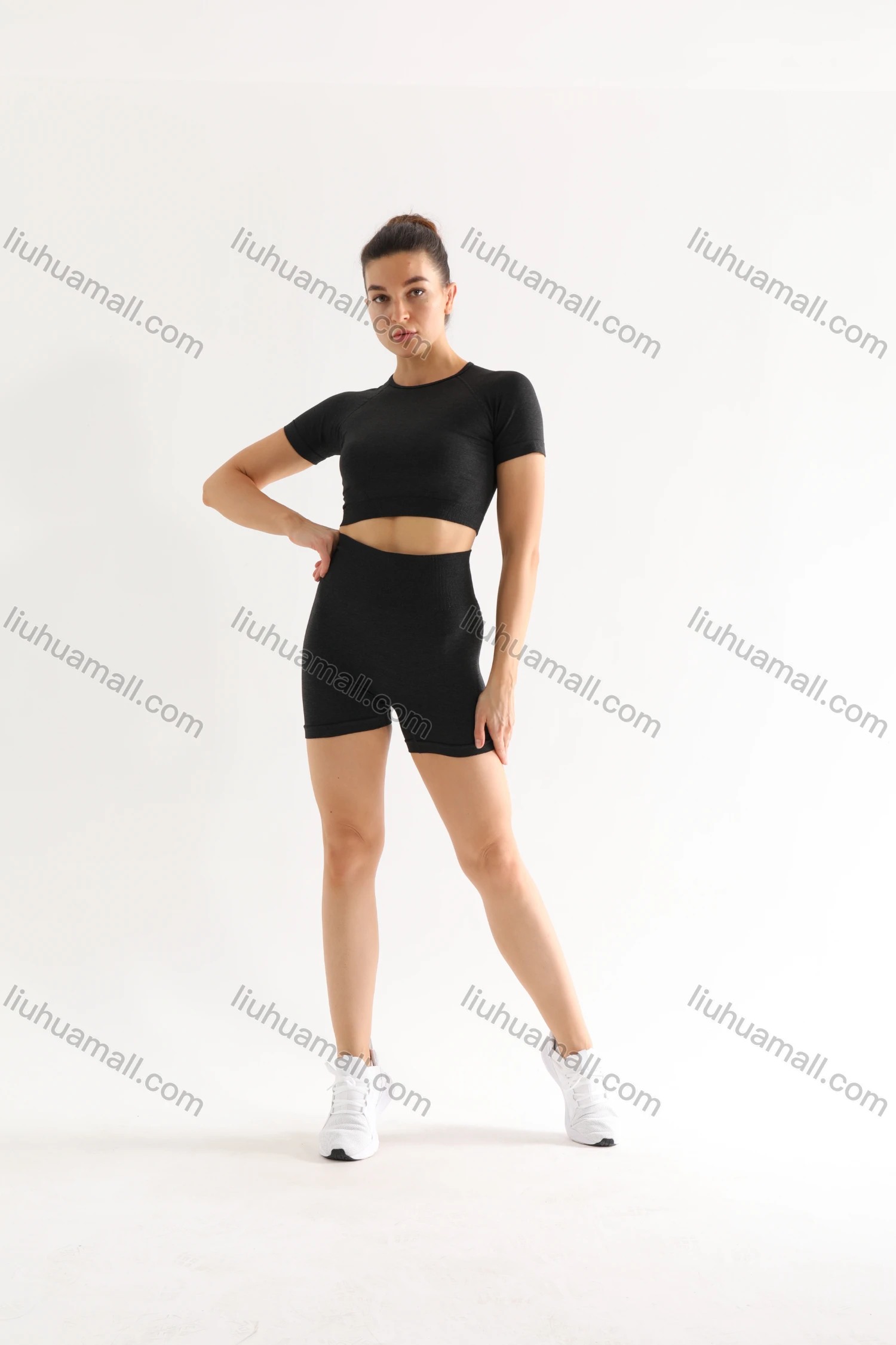 Wholesale Women's 2 Piece Workout Outfits Sports Short Sleeve Seamless Shorts Yoga Gym Activewear Set AB58# - Liuhuamall