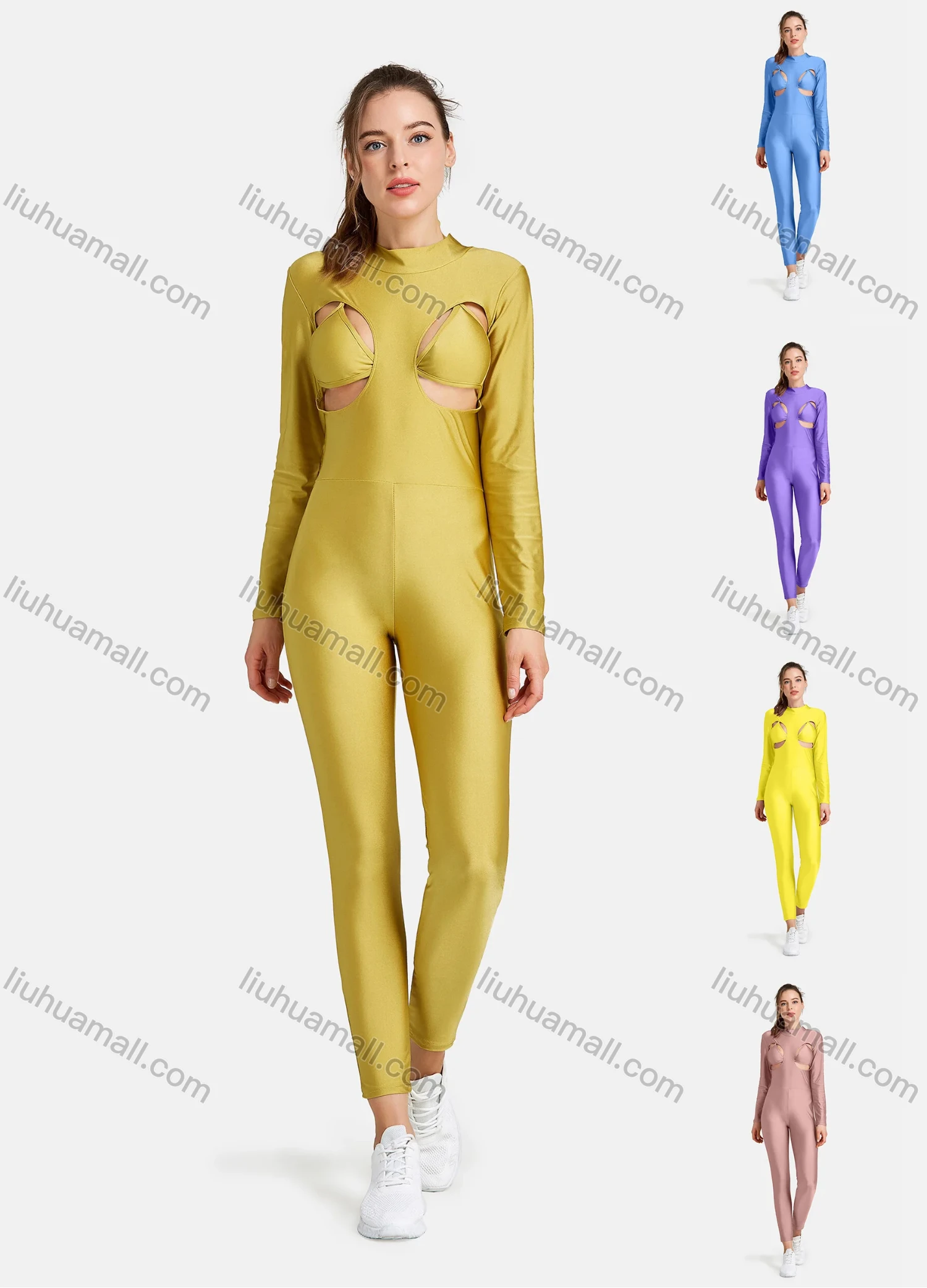Wholesale Women's 2-Pieces Sporty High Stretchy Mock Neck Cutout Jumpsuit With Triangle Bikini - Liuhuamall