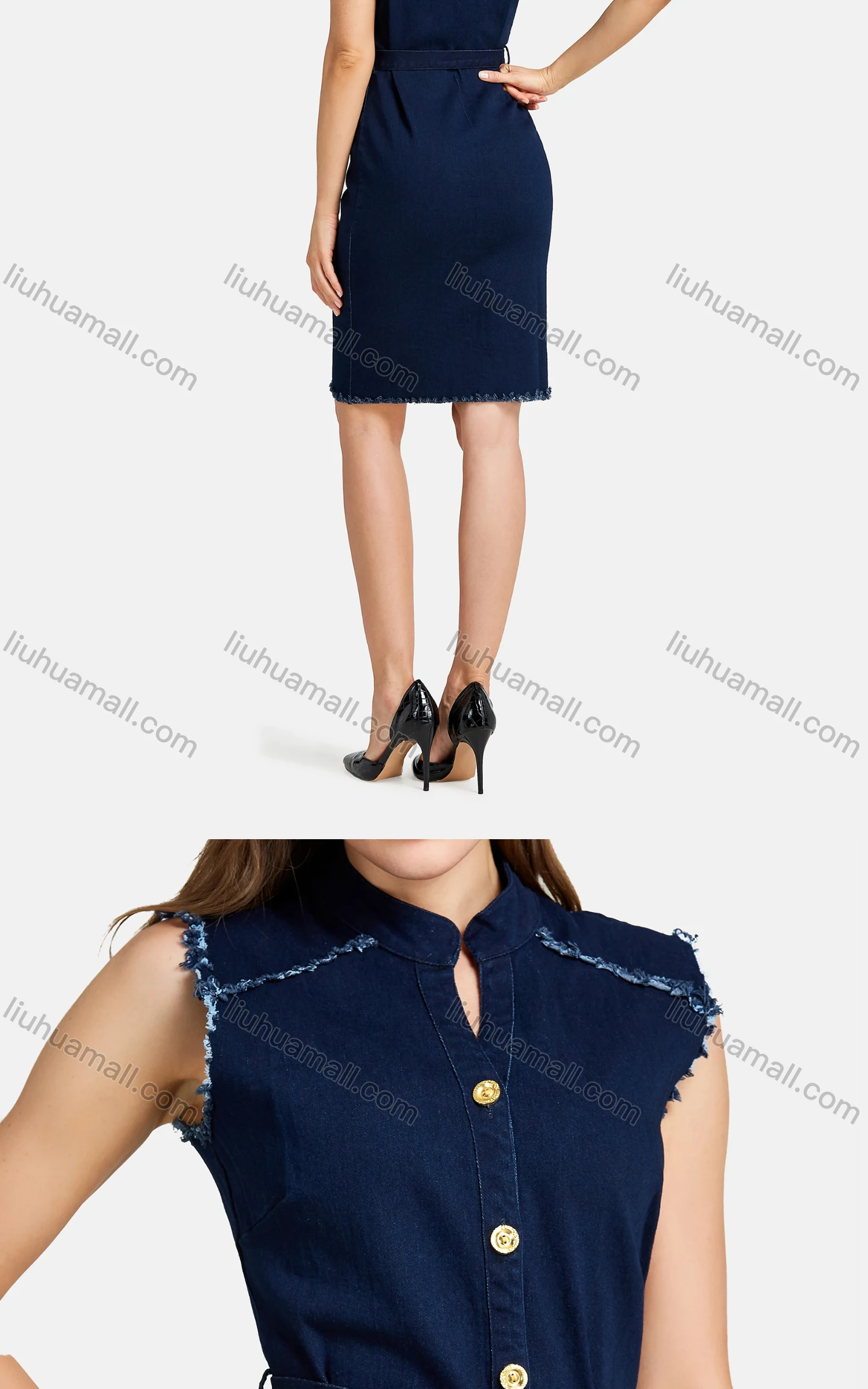 Wholesale Women's Casual Lace Up Frayed Raw Hem Button Down Split Thigh Denim Dress - Liuhuamall