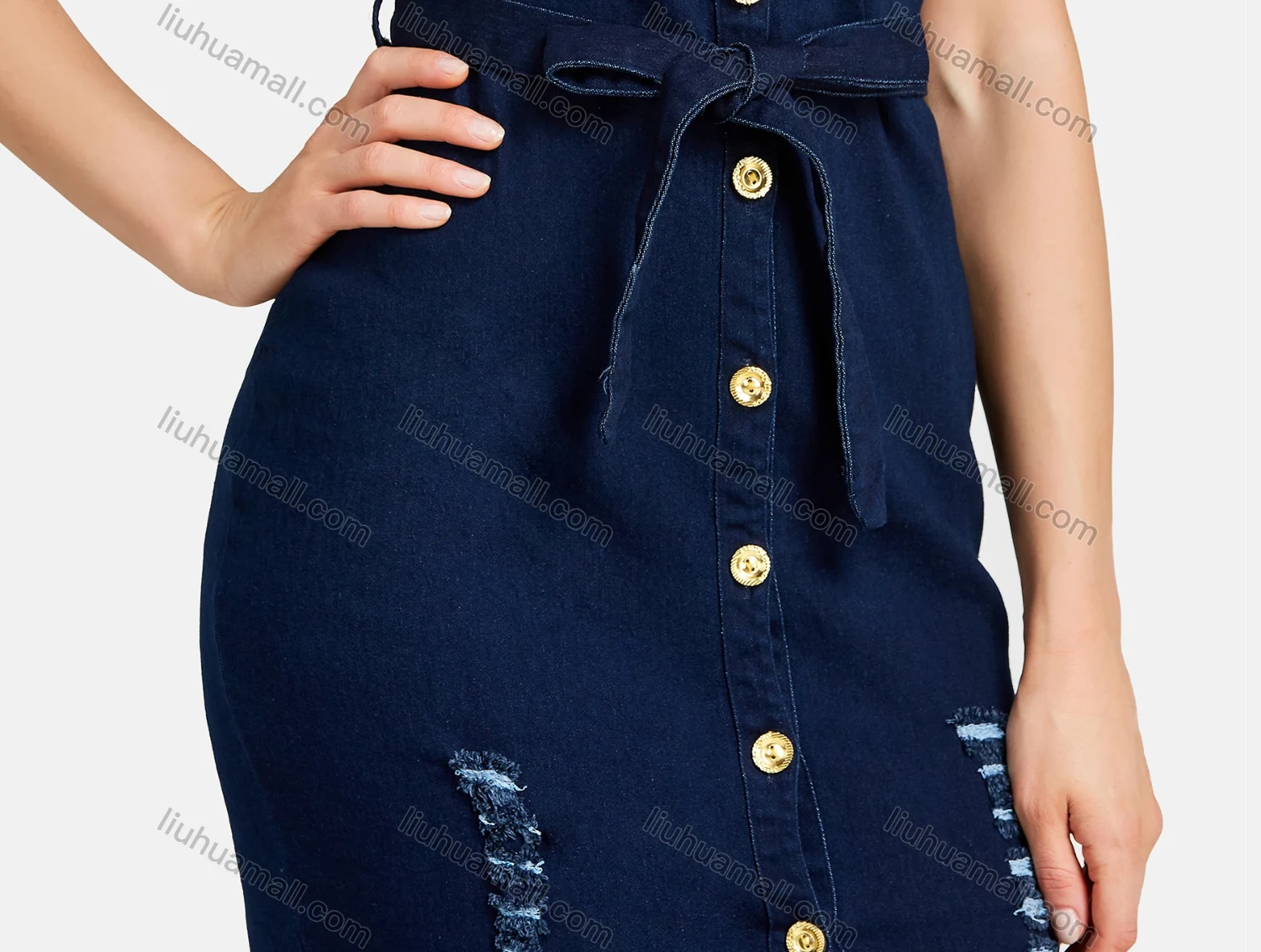 Wholesale Women's Casual Lace Up Frayed Raw Hem Button Down Split Thigh Denim Dress - Liuhuamall