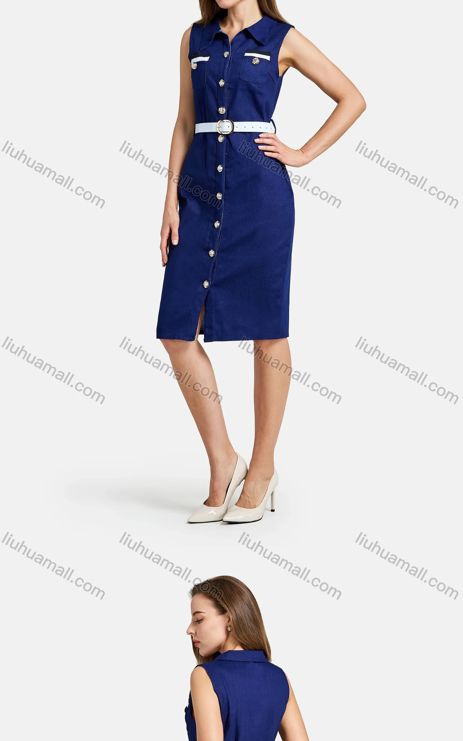 Wholesale Women's Casual Collared Dual Pockets Leather Belt Button Down Denim Dress - Liuhuamall