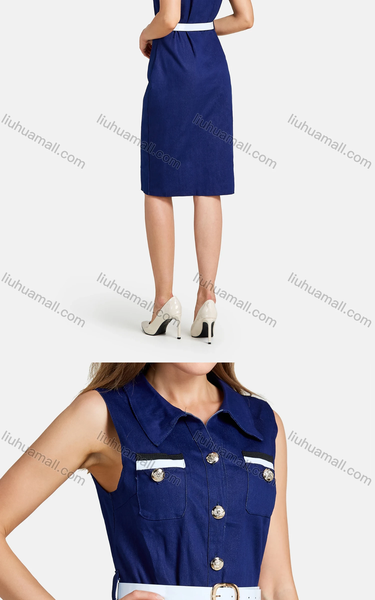 Wholesale Women's Casual Collared Dual Pockets Leather Belt Button Down Denim Dress - Liuhuamall