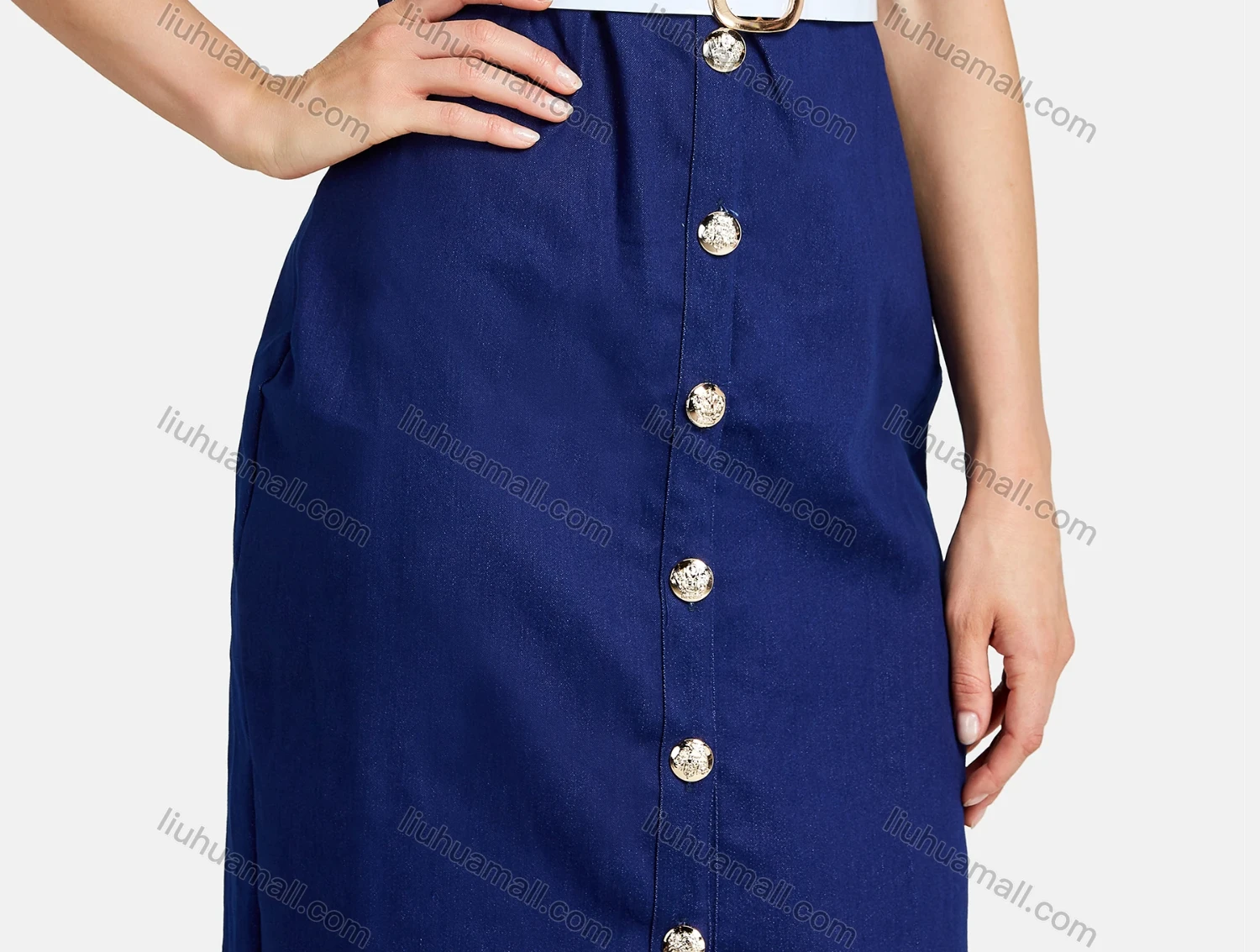 Wholesale Women's Casual Collared Dual Pockets Leather Belt Button Down Denim Dress - Liuhuamall
