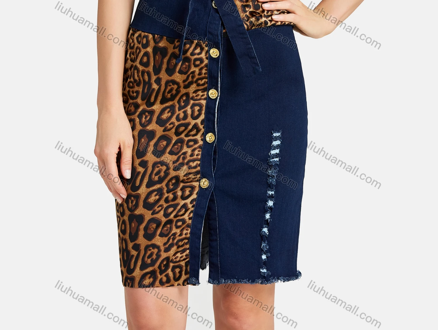 Wholesale Women's Casual Leopard Print Button Closure Frayed Raw Hem Denim Dress - Liuhuamall