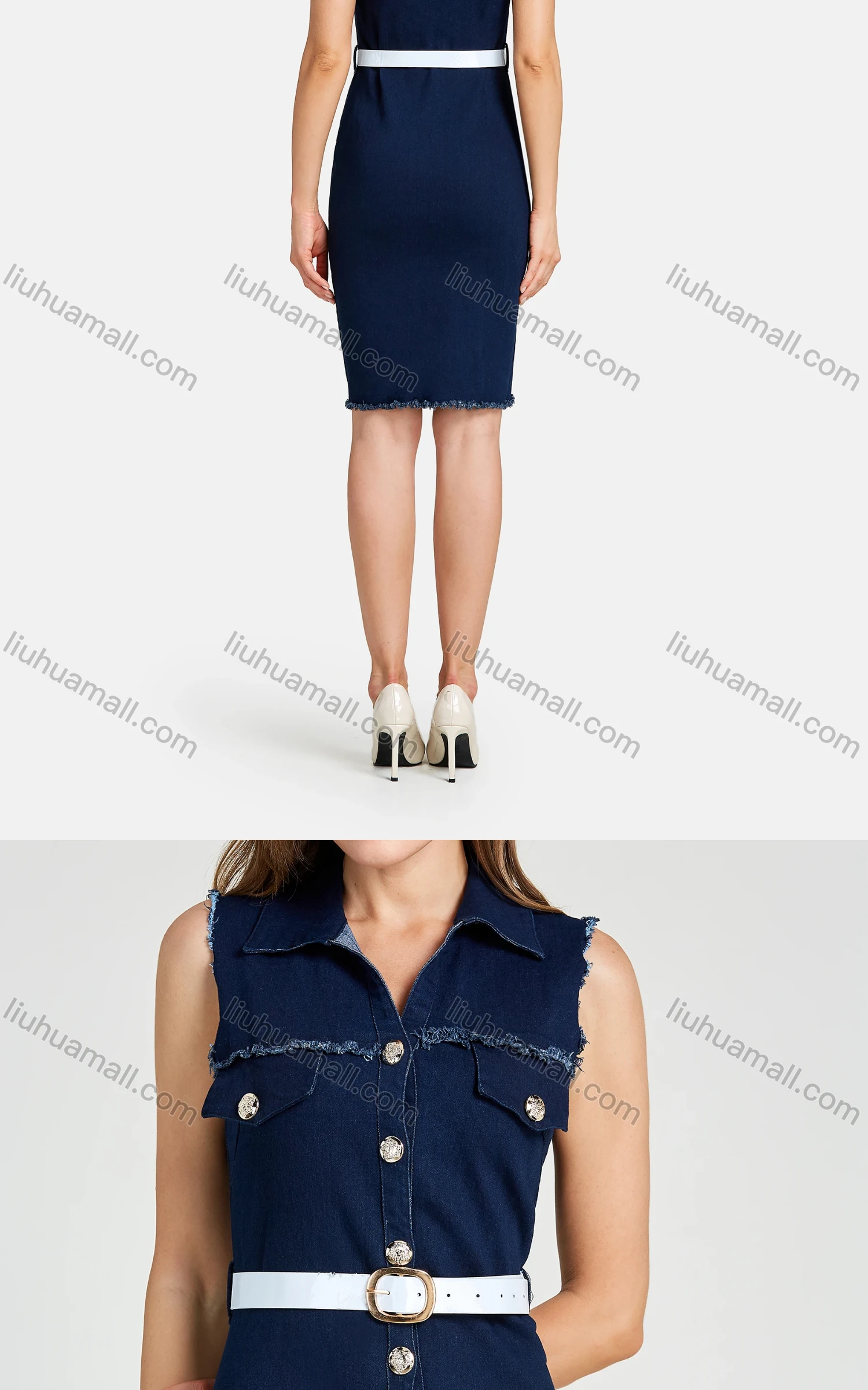 Wholesale Women's Casual Collared Dual Pockets Button Down Frayed Raw Hem Denim Dress - Liuhuamall