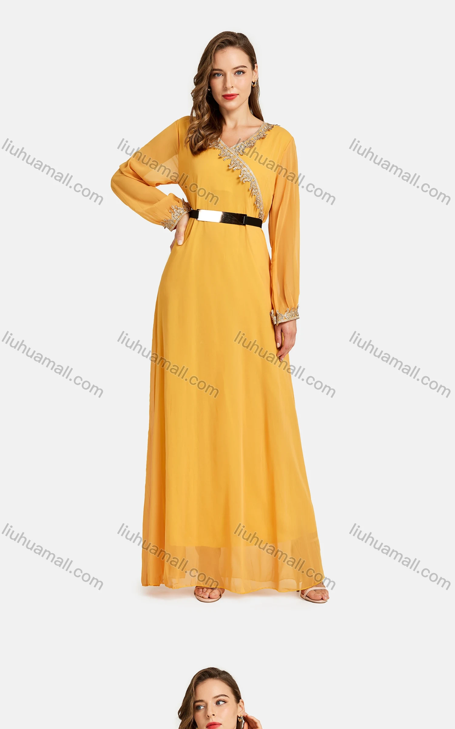 Wholesale Women's Casual V Neck Chiffon Leather Belt Embroidered Plain Wrap Maxi Dress - Liuhuamall