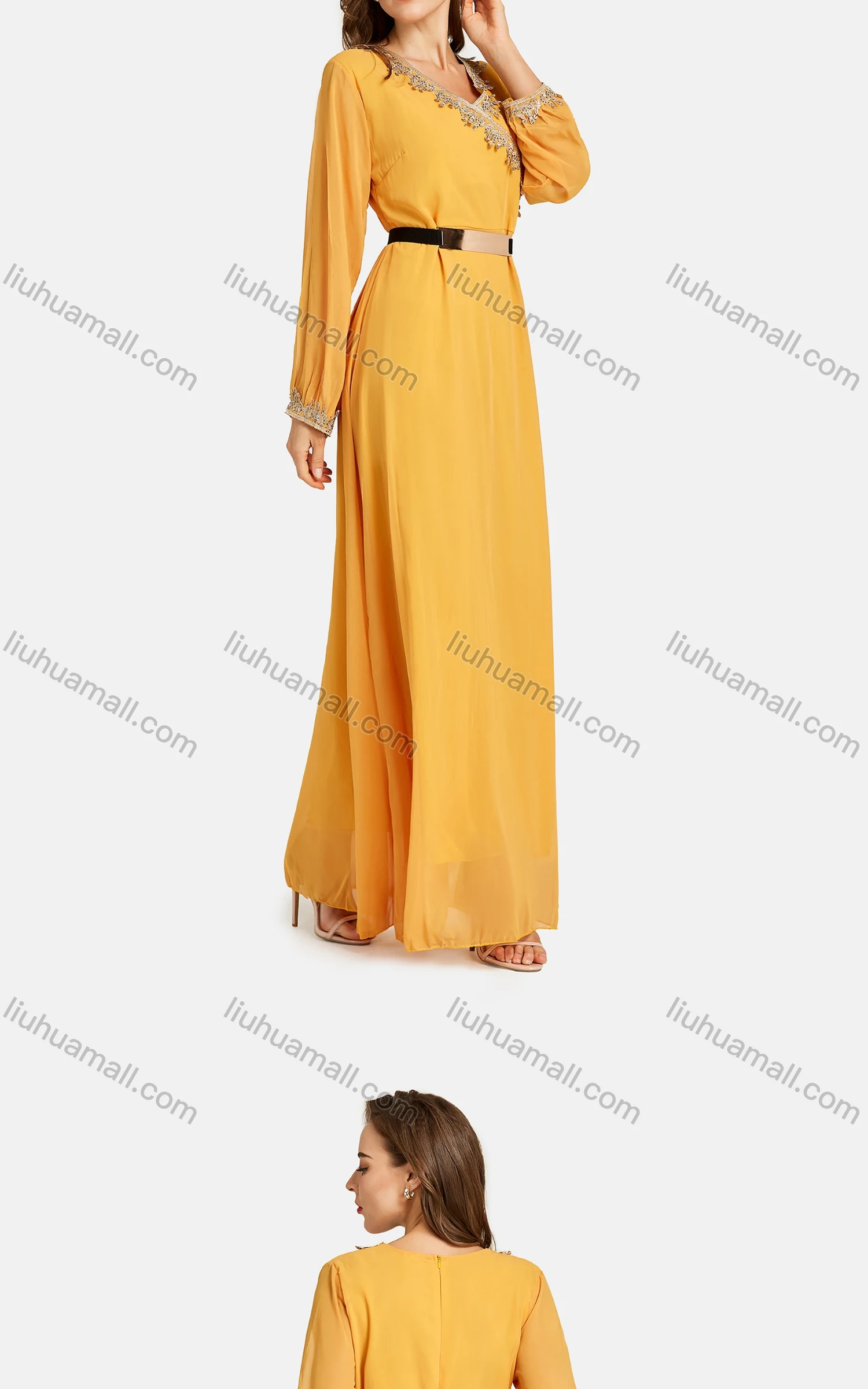 Wholesale Women's Casual V Neck Chiffon Leather Belt Embroidered Plain Wrap Maxi Dress - Liuhuamall