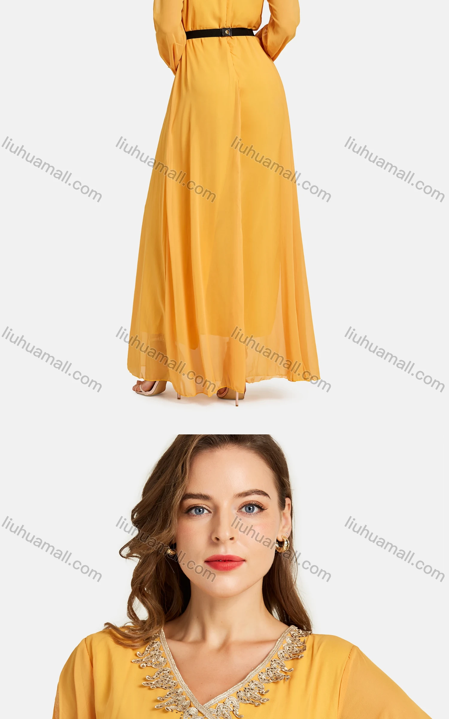 Wholesale Women's Casual V Neck Chiffon Leather Belt Embroidered Plain Wrap Maxi Dress - Liuhuamall