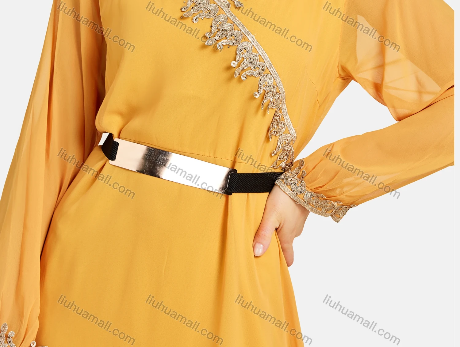Wholesale Women's Casual V Neck Chiffon Leather Belt Embroidered Plain Wrap Maxi Dress - Liuhuamall