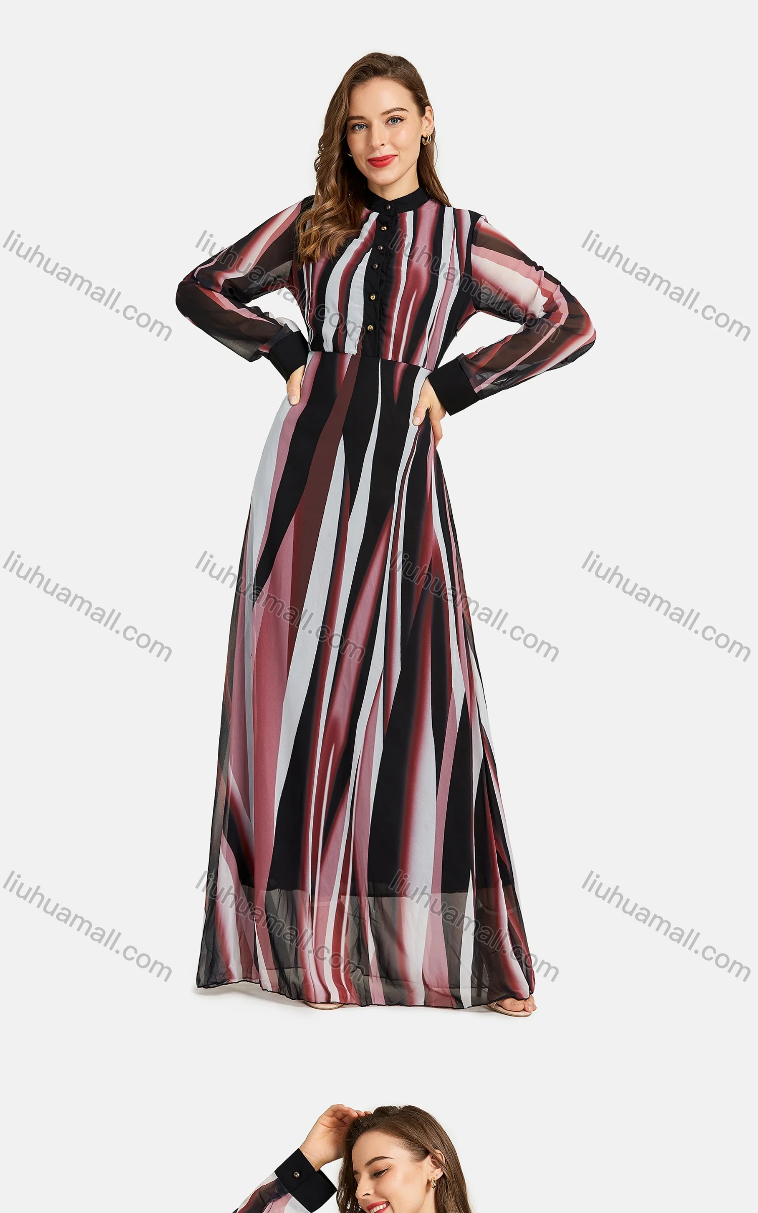 Wholesale Women's Casual Stand Collar Long Sleeve Button Closure Allover Print Floor Length Dress - Liuhuamall