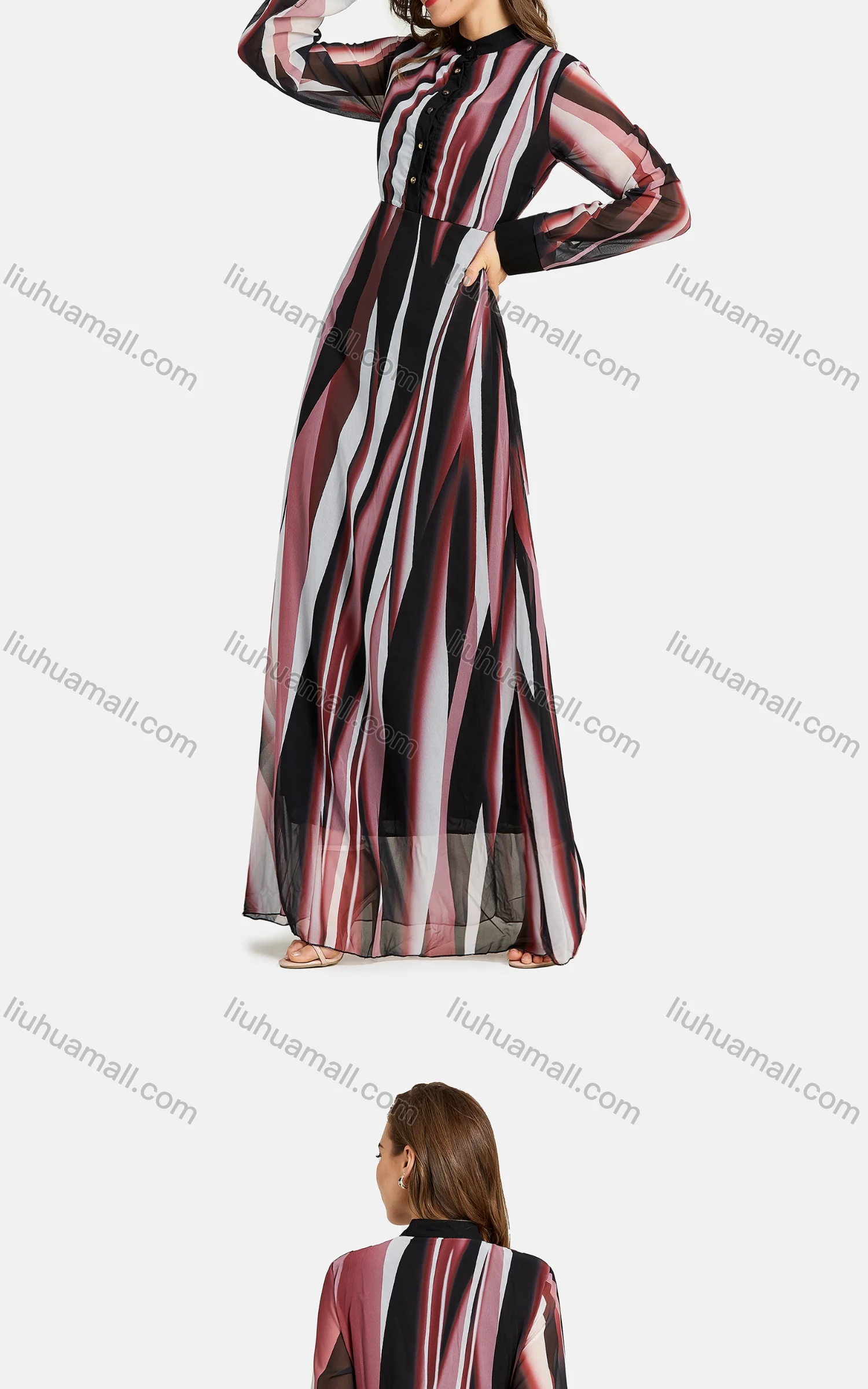 Wholesale Women's Casual Stand Collar Long Sleeve Button Closure Allover Print Floor Length Dress - Liuhuamall