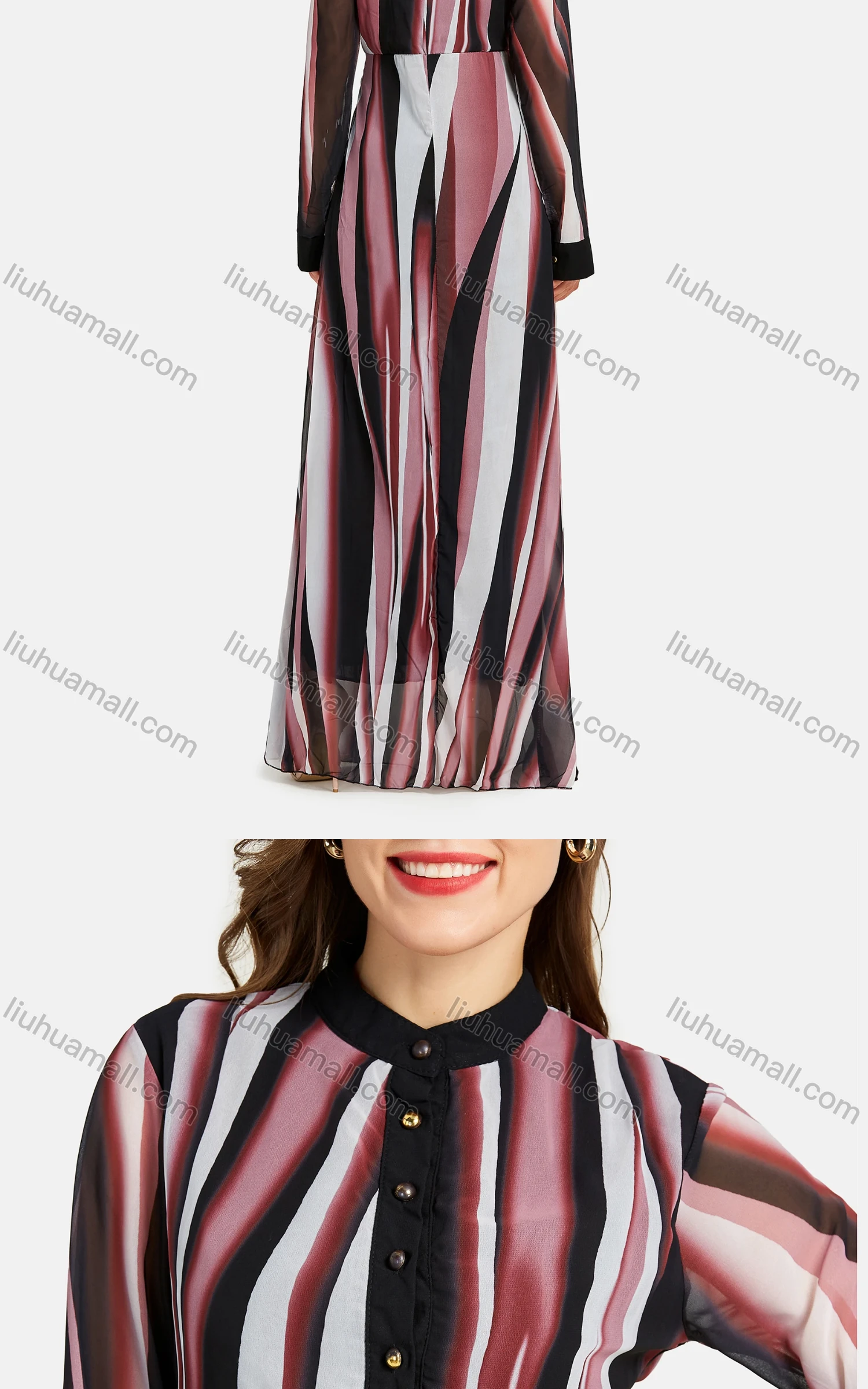 Wholesale Women's Casual Stand Collar Long Sleeve Button Closure Allover Print Floor Length Dress - Liuhuamall