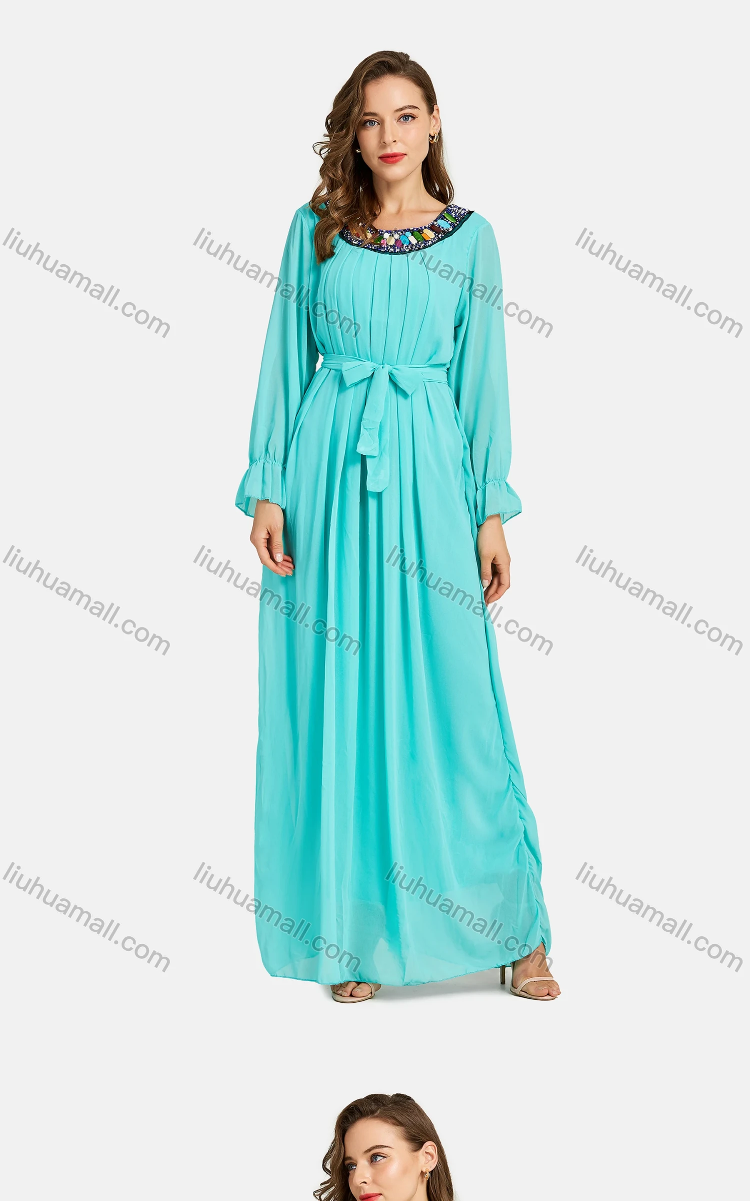 Wholesale Women's Casual Poet Sleeve Pearl Decor Lace Up Plain Maxi Dress - Liuhuamall