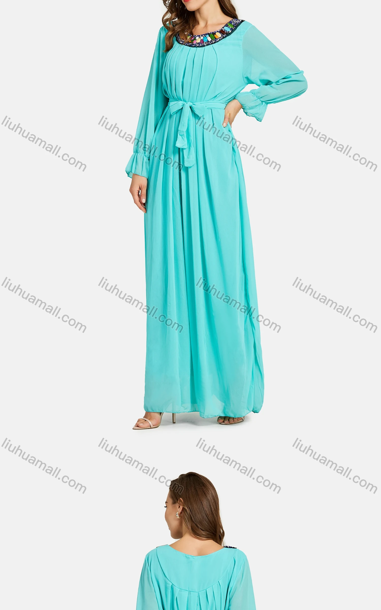 Wholesale Women's Casual Poet Sleeve Pearl Decor Lace Up Plain Maxi Dress - Liuhuamall