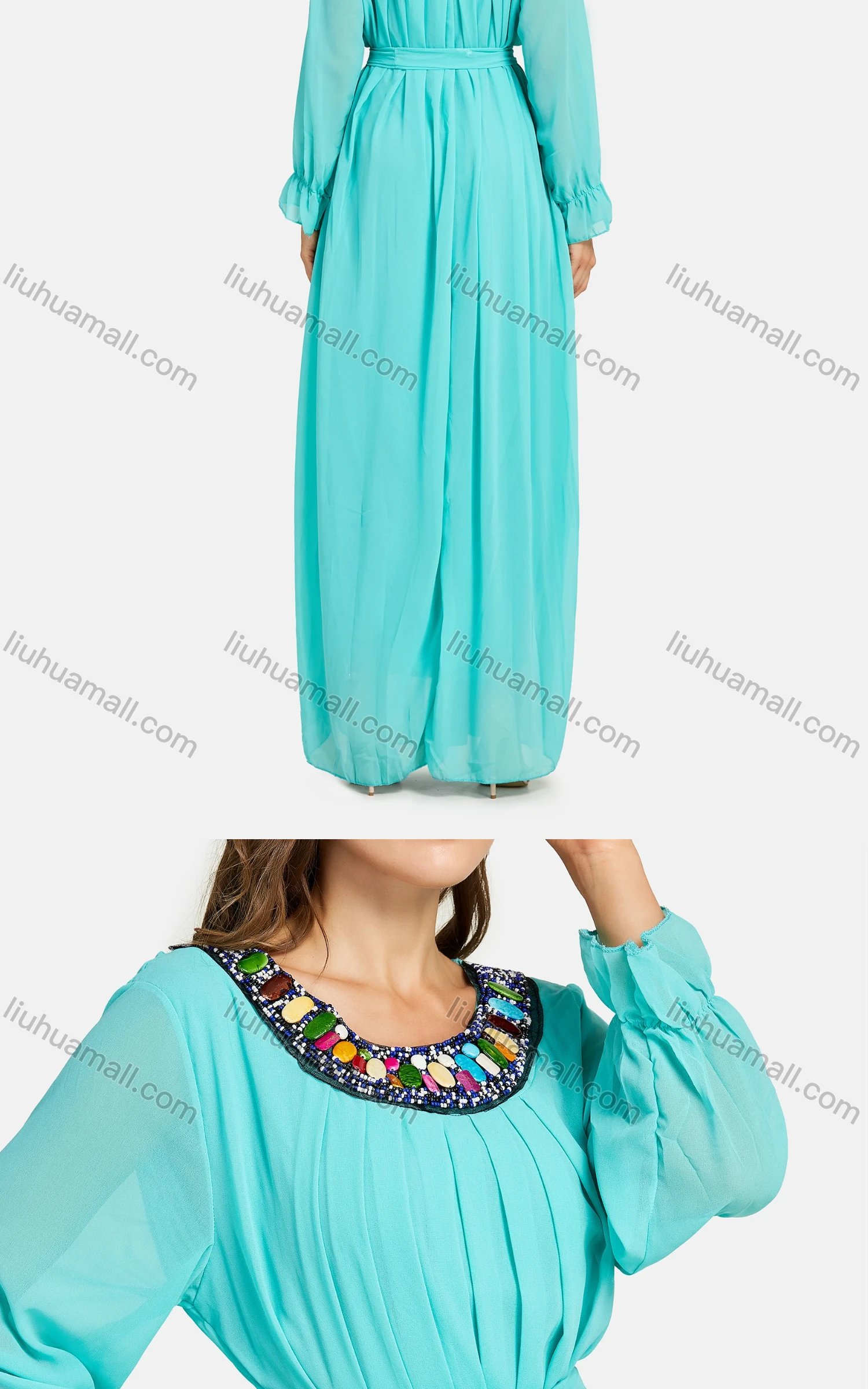Wholesale Women's Casual Poet Sleeve Pearl Decor Lace Up Plain Maxi Dress - Liuhuamall