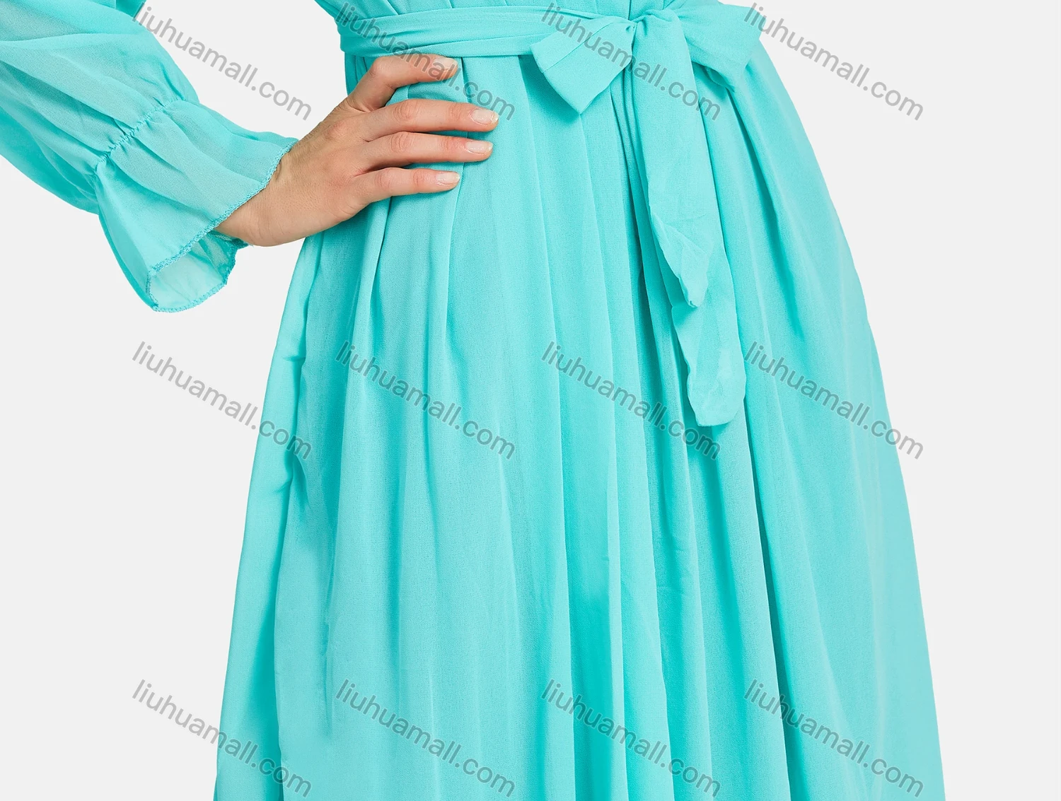 Wholesale Women's Casual Poet Sleeve Pearl Decor Lace Up Plain Maxi Dress - Liuhuamall