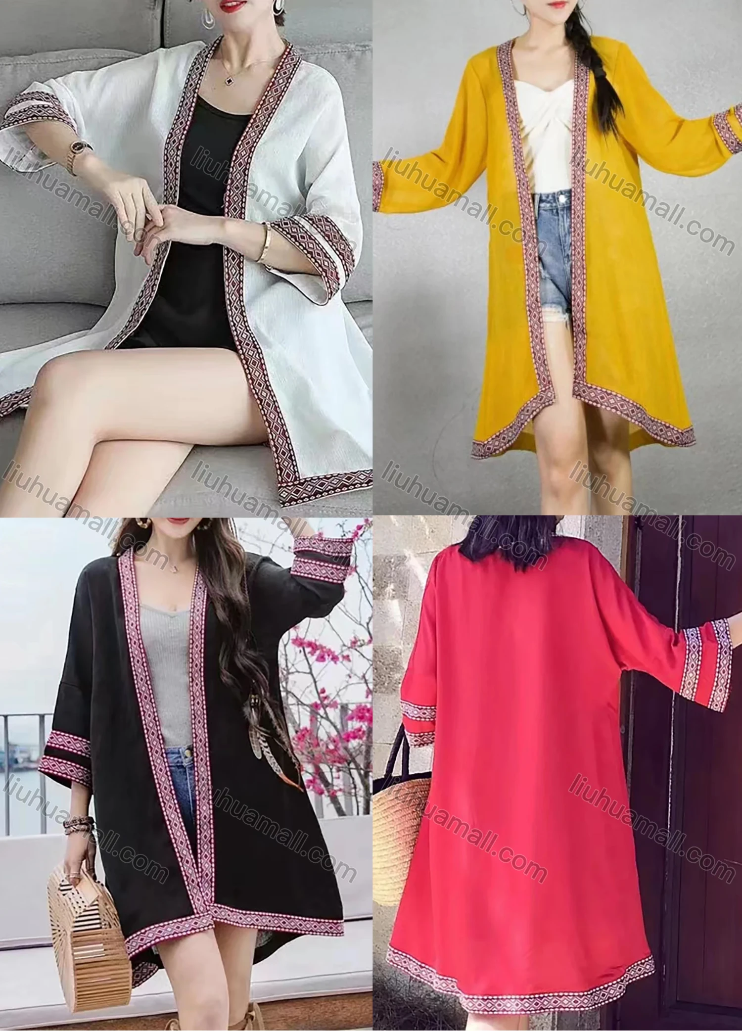 Wholesale Women's Linen 3/4 Sleeve Argyle Tribal Print Vintage Mid Length Cardigan - Liuhuamall