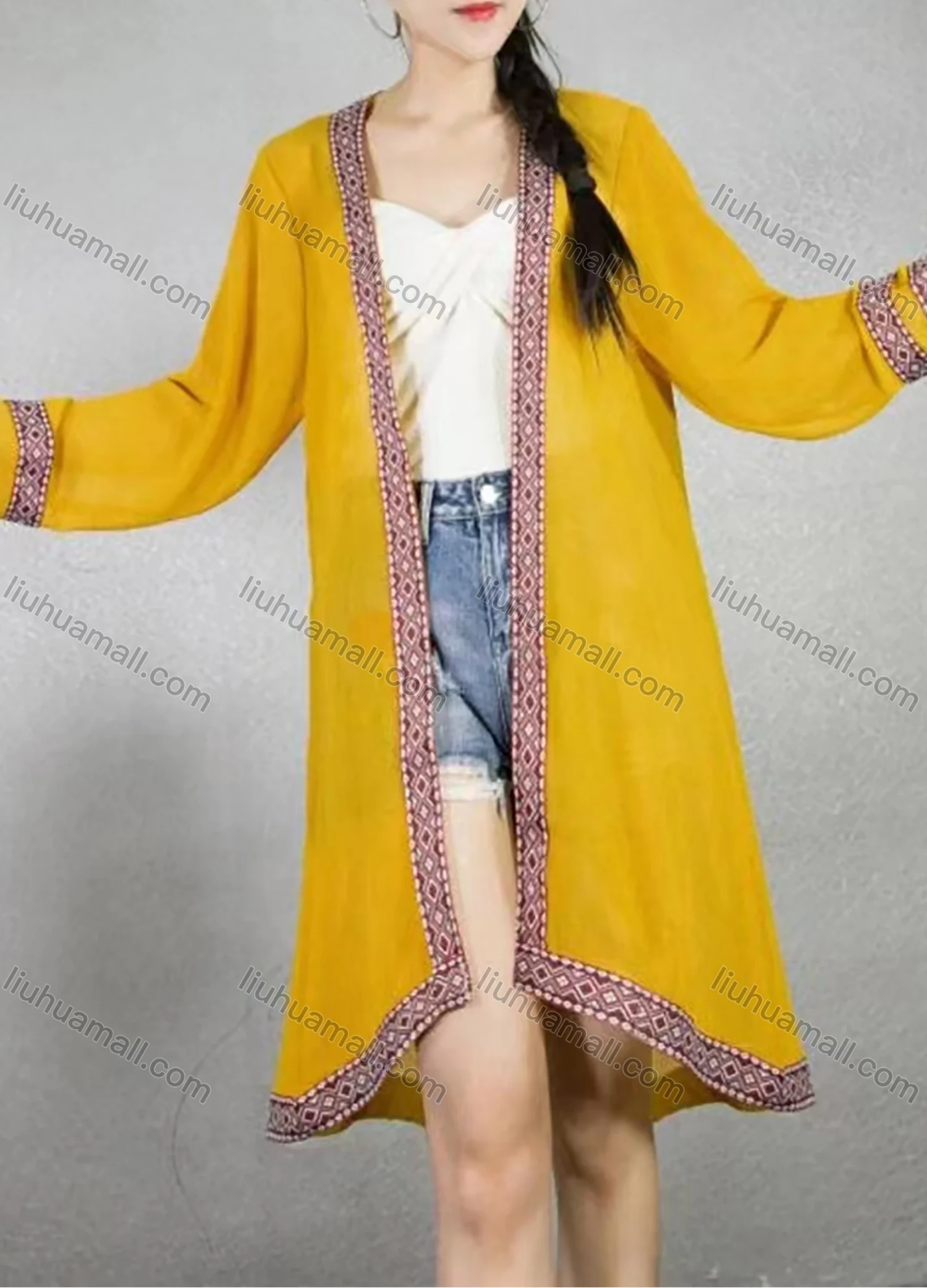 Wholesale Women's Linen 3/4 Sleeve Argyle Tribal Print Vintage Mid Length Cardigan - Liuhuamall