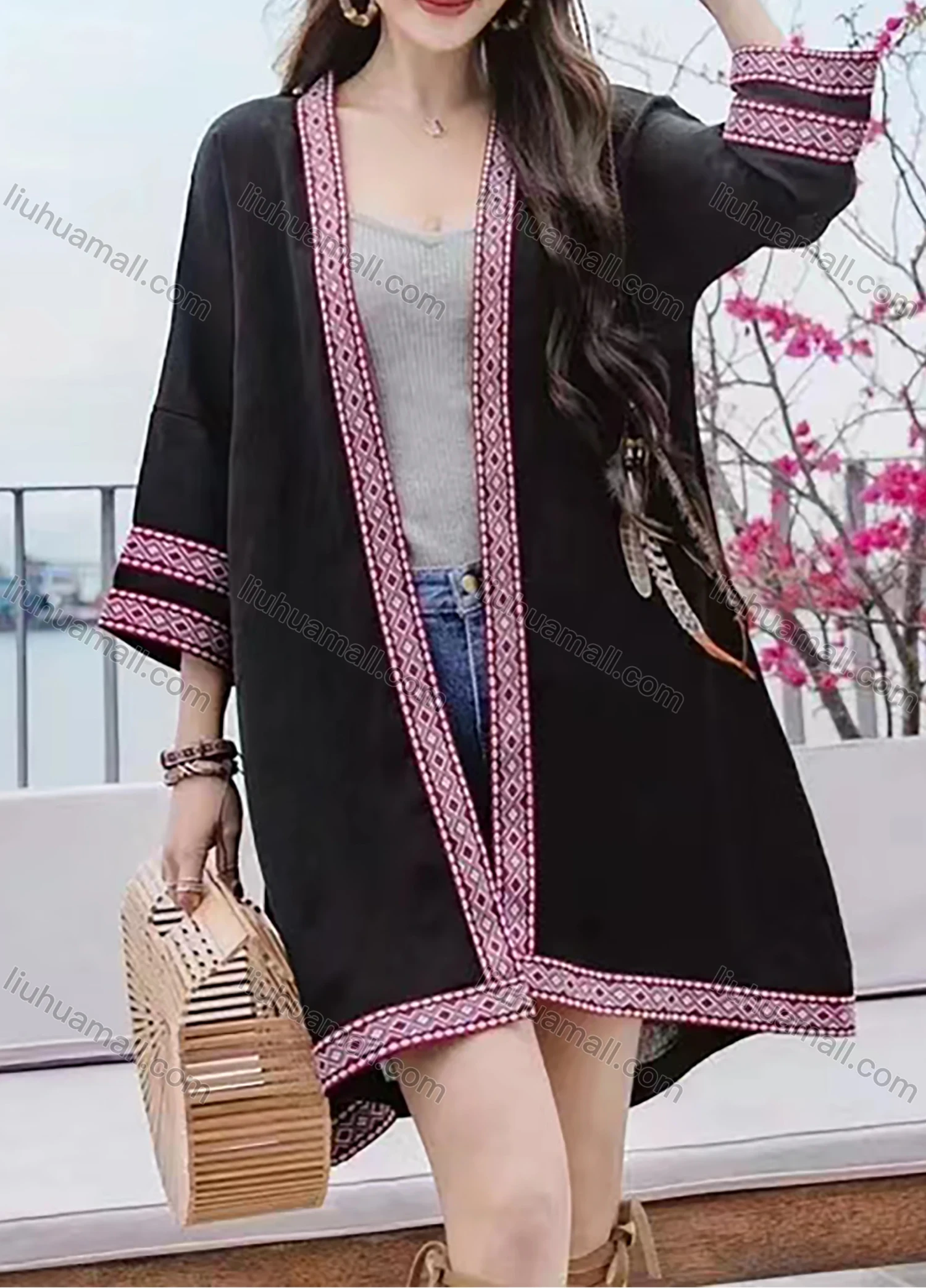 Wholesale Women's Linen 3/4 Sleeve Argyle Tribal Print Vintage Mid Length Cardigan - Liuhuamall