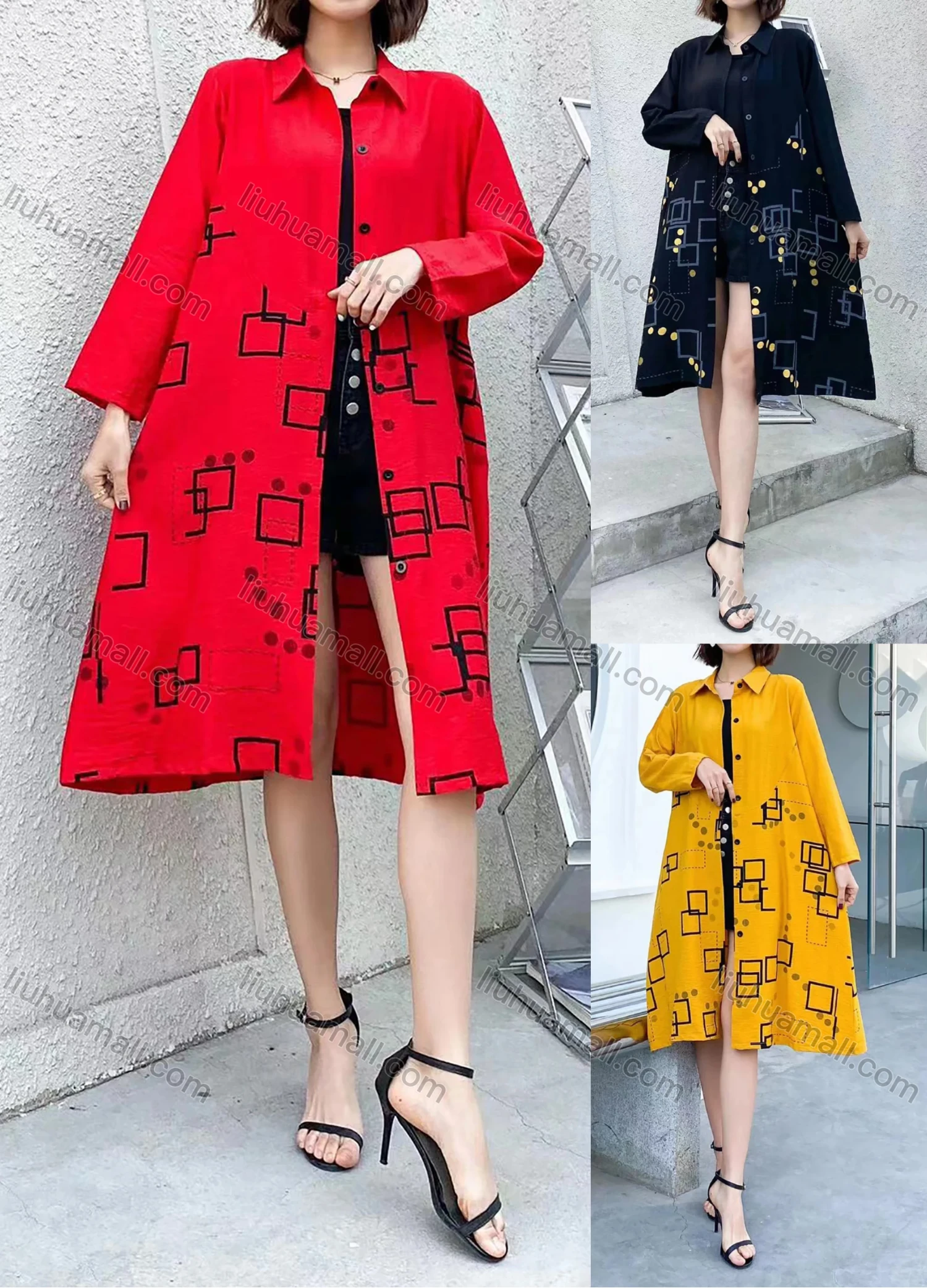 Wholesale Women's Casual Collared Long Sleeve Button Front Abstract Print Shirt Dress - Liuhuamall