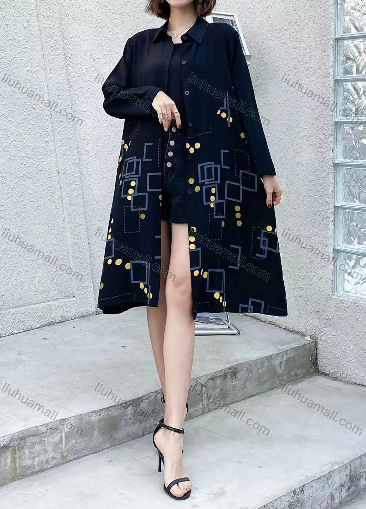 Wholesale Women's Casual Collared Long Sleeve Button Front Abstract Print Shirt Dress - Liuhuamall