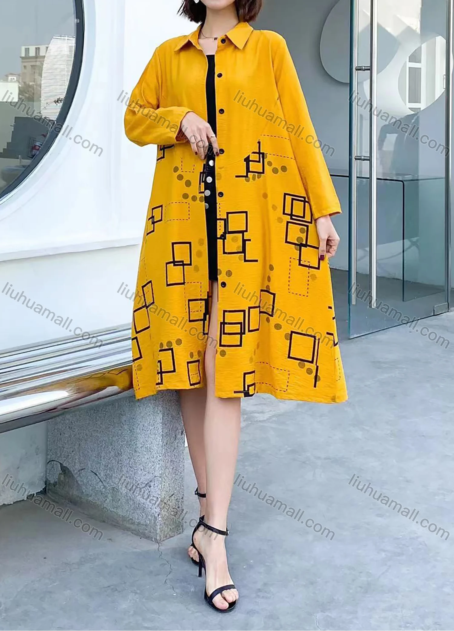 Wholesale Women's Casual Collared Long Sleeve Button Front Abstract Print Shirt Dress - Liuhuamall